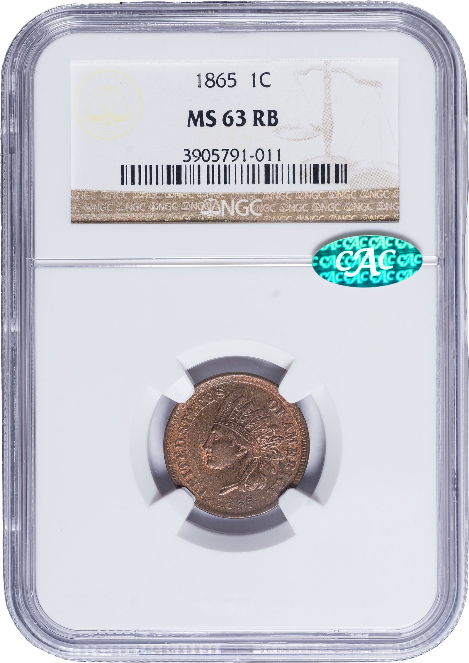 NGC MS-63 RB CAC 1865 Indian Cent: Fancy 5. Sharp and lustrous with nearly full red surfaces throughout.