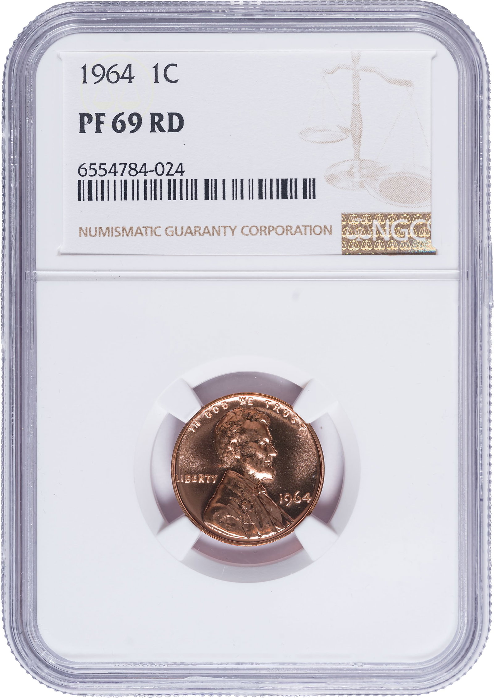 NGC Proof-69 Red 1964 Lincoln Cent: Like the following coins in this 1956-64 set, this piece is a near perfect example. If you could find a perfect piece it would trade for multiples of what this coin is estimated at.