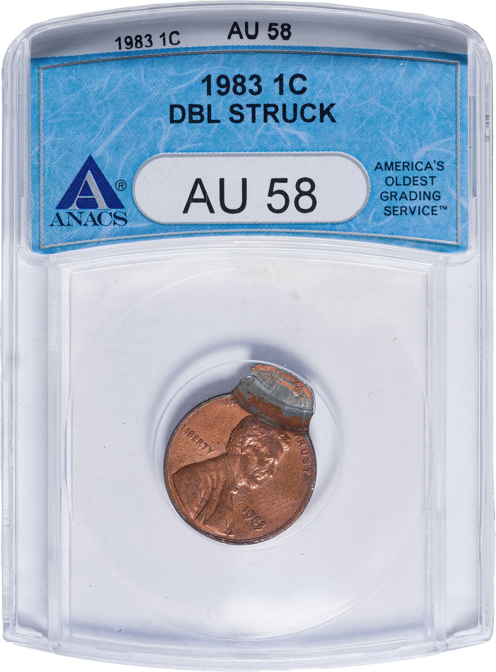 ANACS AU-58 Double-Struck 1983 Lincoln Cent: Double-Dated. Full date on misstruck coin, tab indent with 983 of second date visible.