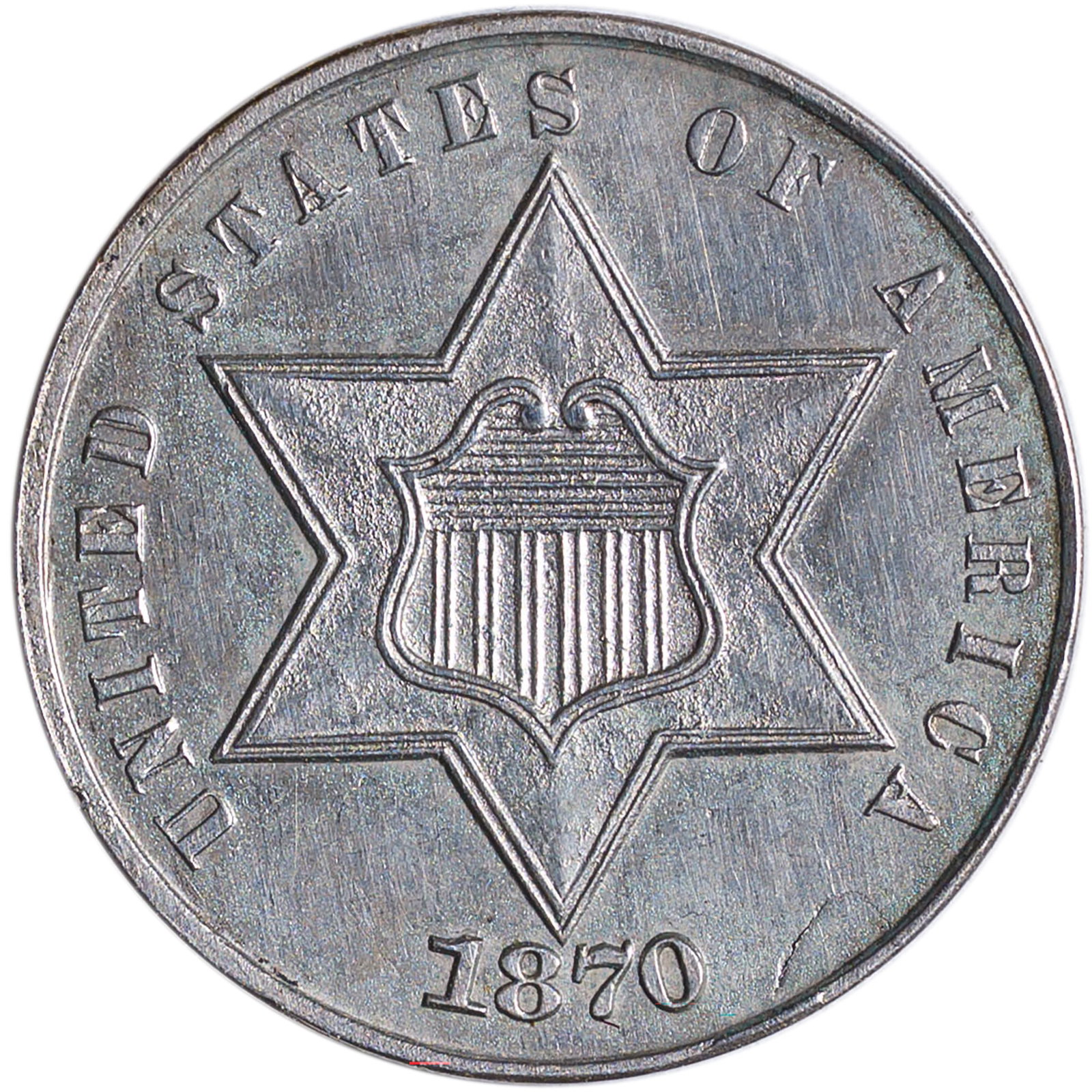 MS-60 or Finer 1870 Silver Three-Cents: Possibly dipped at some point, but still a sharp and lustrous example of an elusive date. This unsung rarity saw a scant circulation strike mintage of just 3,000 pieces, very few of which remain in