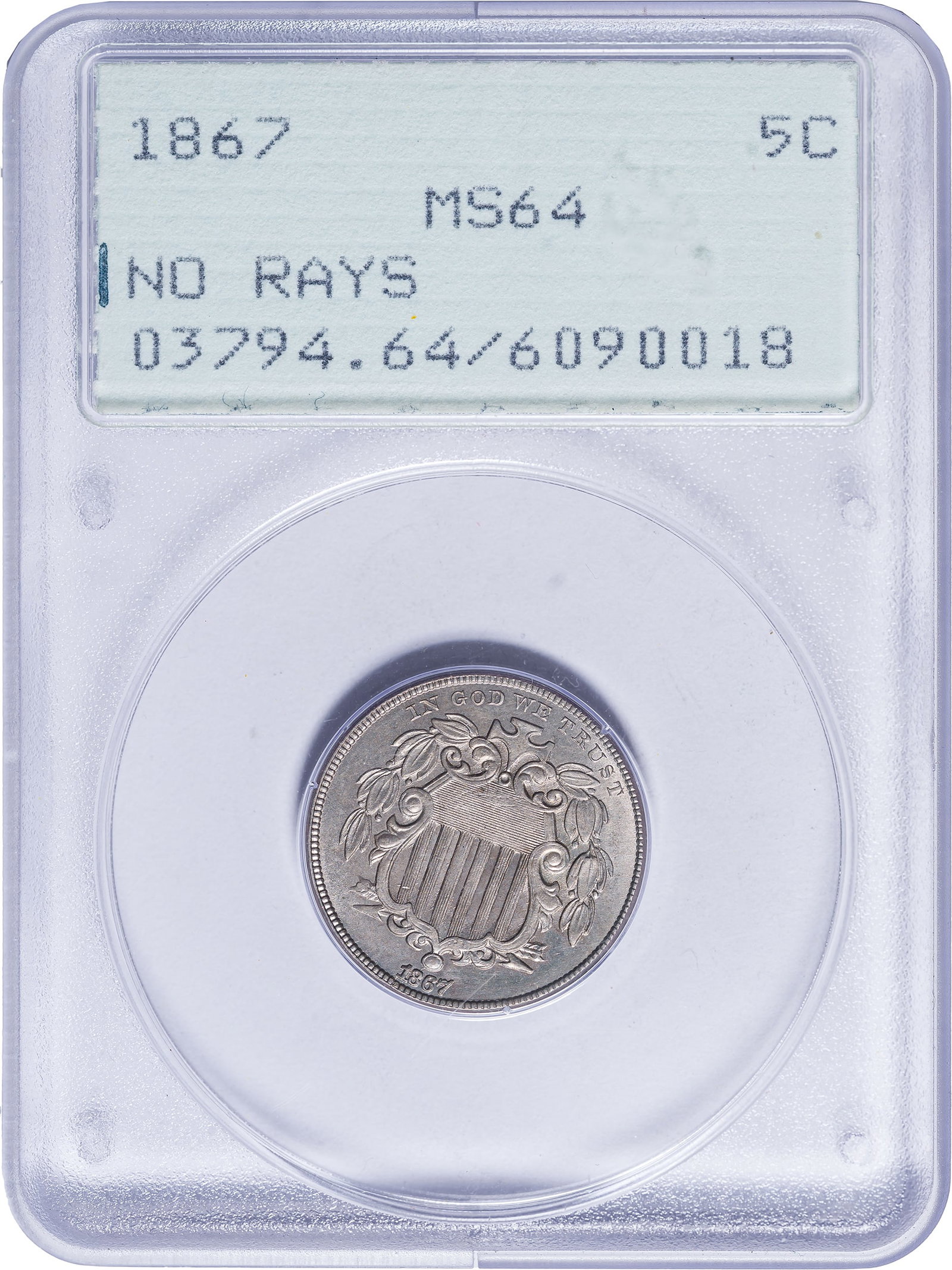 PCGS MS-64 1867 No Rays Shield Nickel: A satiny and lustrous pale olive-gold specimen. In an old-style green label PCGS "Rattler" holder.