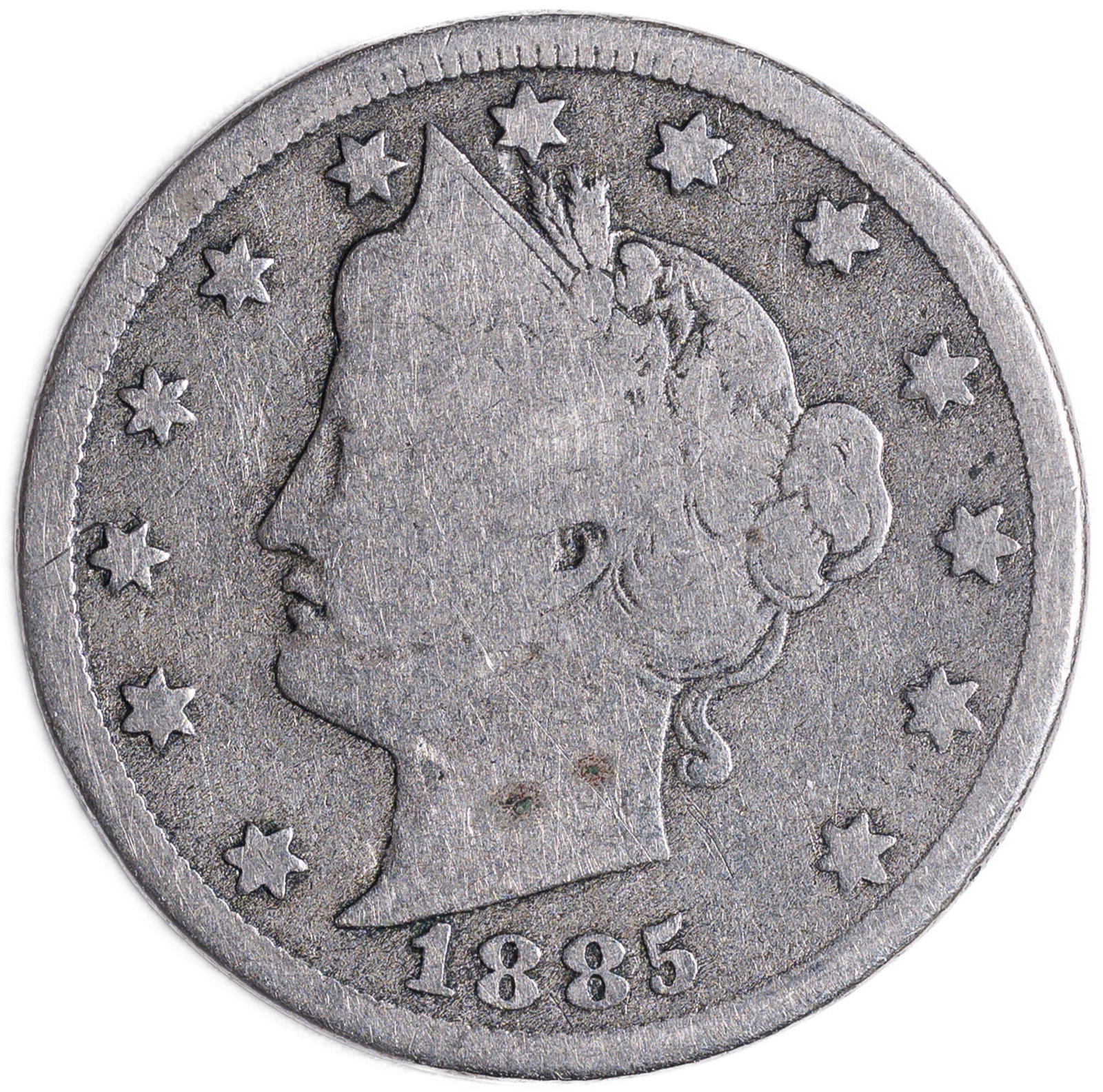 Good-VG 1885 Liberty Nickel: Full rims and a hint of LIBERTY present. Some tiny marks and spots at Liberty's neck and cheek area. The key to the regular-issue design type, 1883-1912.