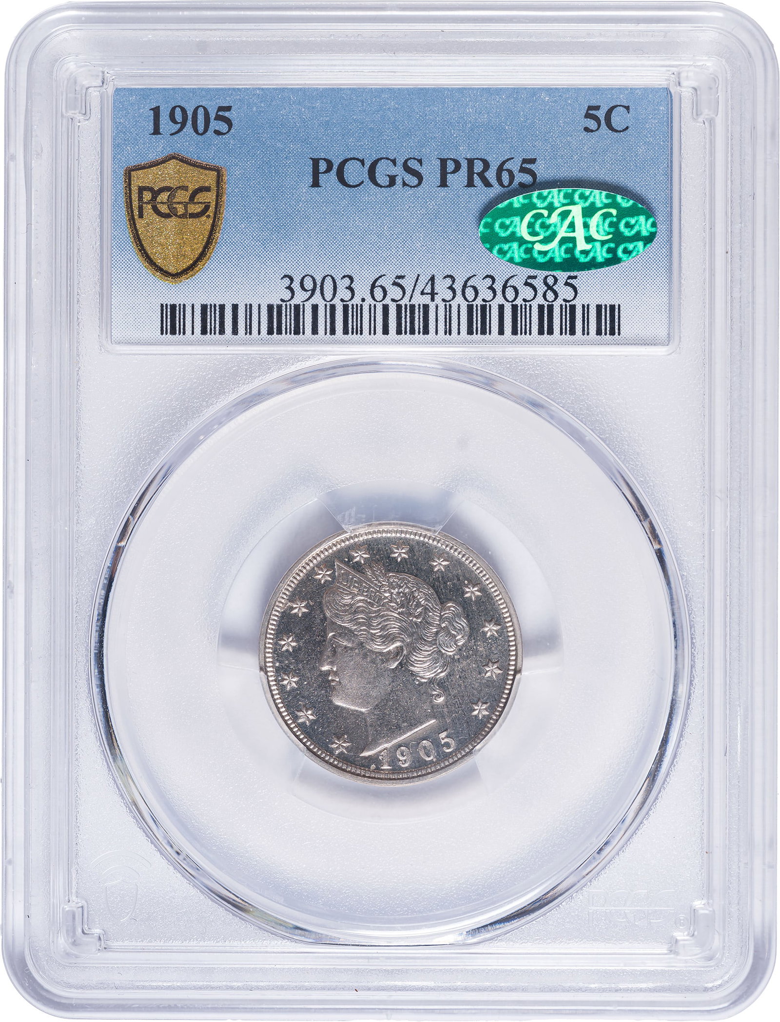 PCGS Proof-65 CAC 1905 Nickel: Nearly cameo-like with intense brilliance, particularly in Liberty's tresses.