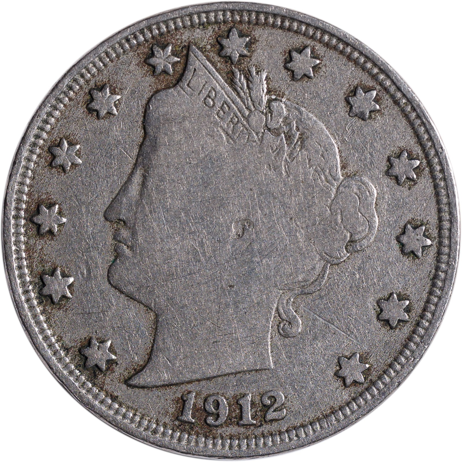 F-12 1912-S Liberty Nickel: "Liberty" is full but some of the other obverse details are weak as often seen.