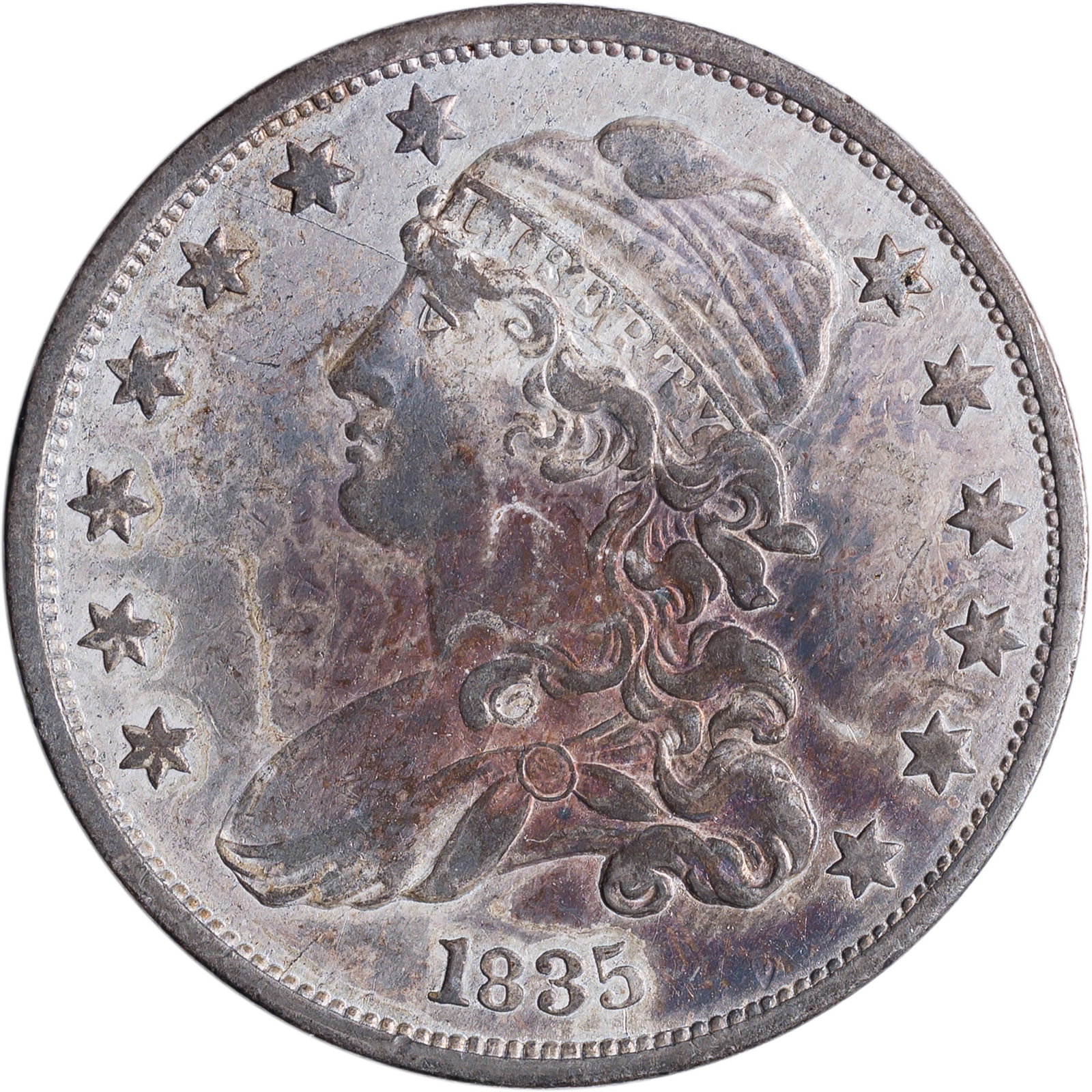 AU Details 1835 Quarter: Sharp and mark-free, but cleaned long ago and now recovering in dusky rainbow hues.