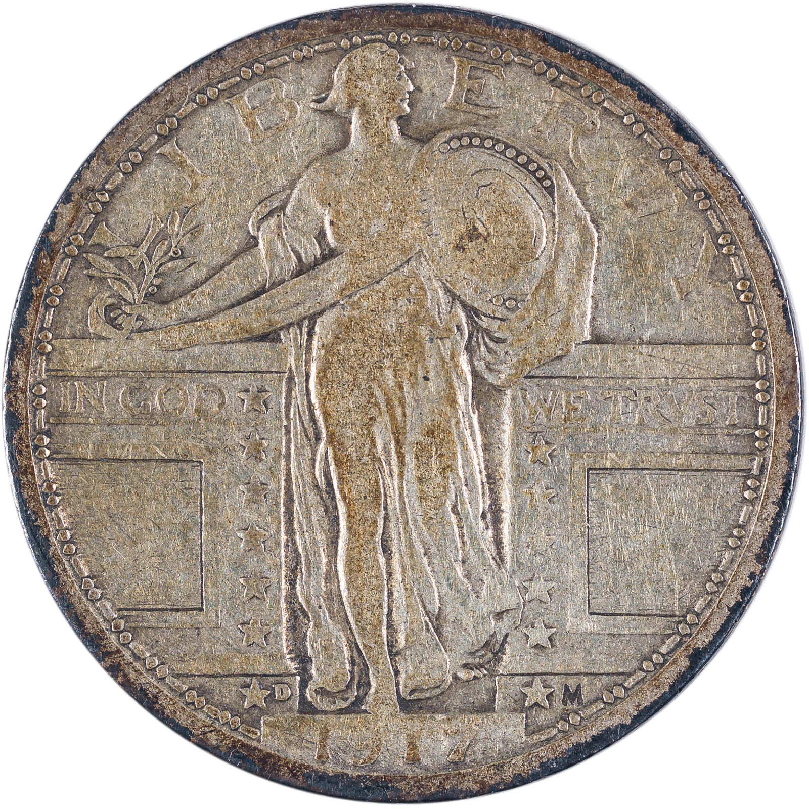 Fine-12 1917-D Type I Quarter: Golden-gray surfaces with even wear and no marks to draw the eye.