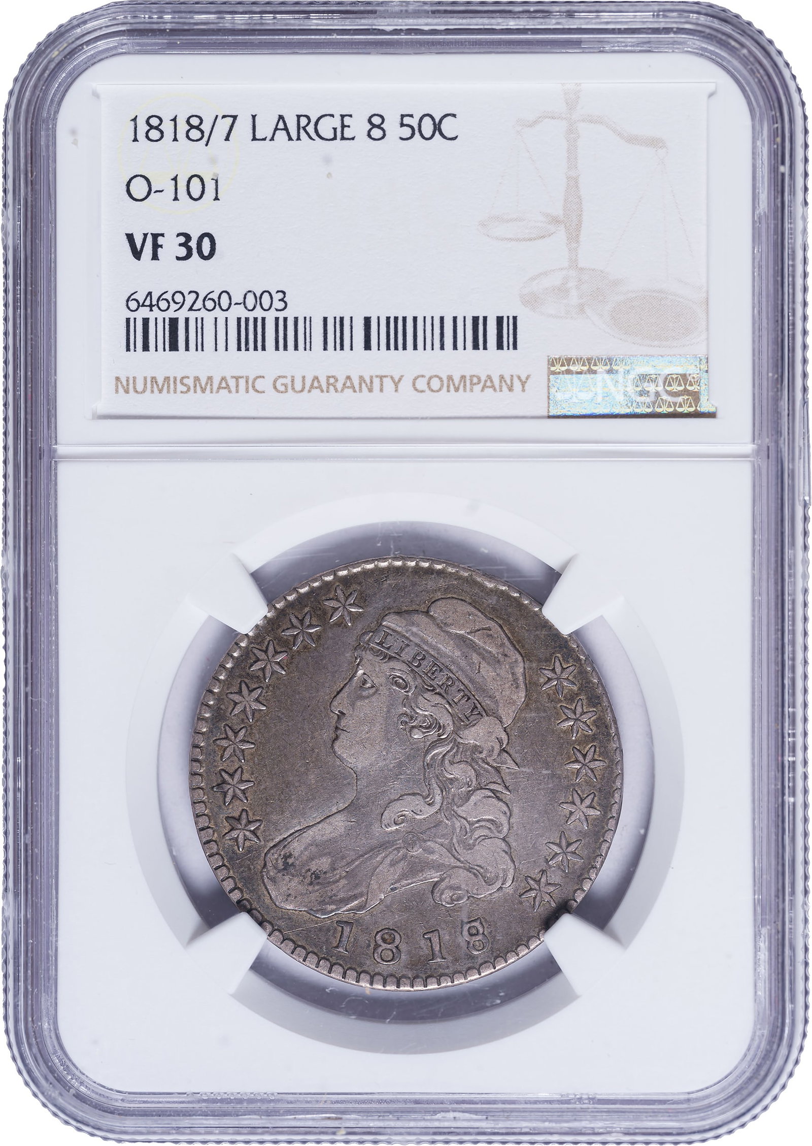NGC VF-30 1818/7 Half Dollar: Medium steel-gray with blended golden-rose hues. Nice for the grade.