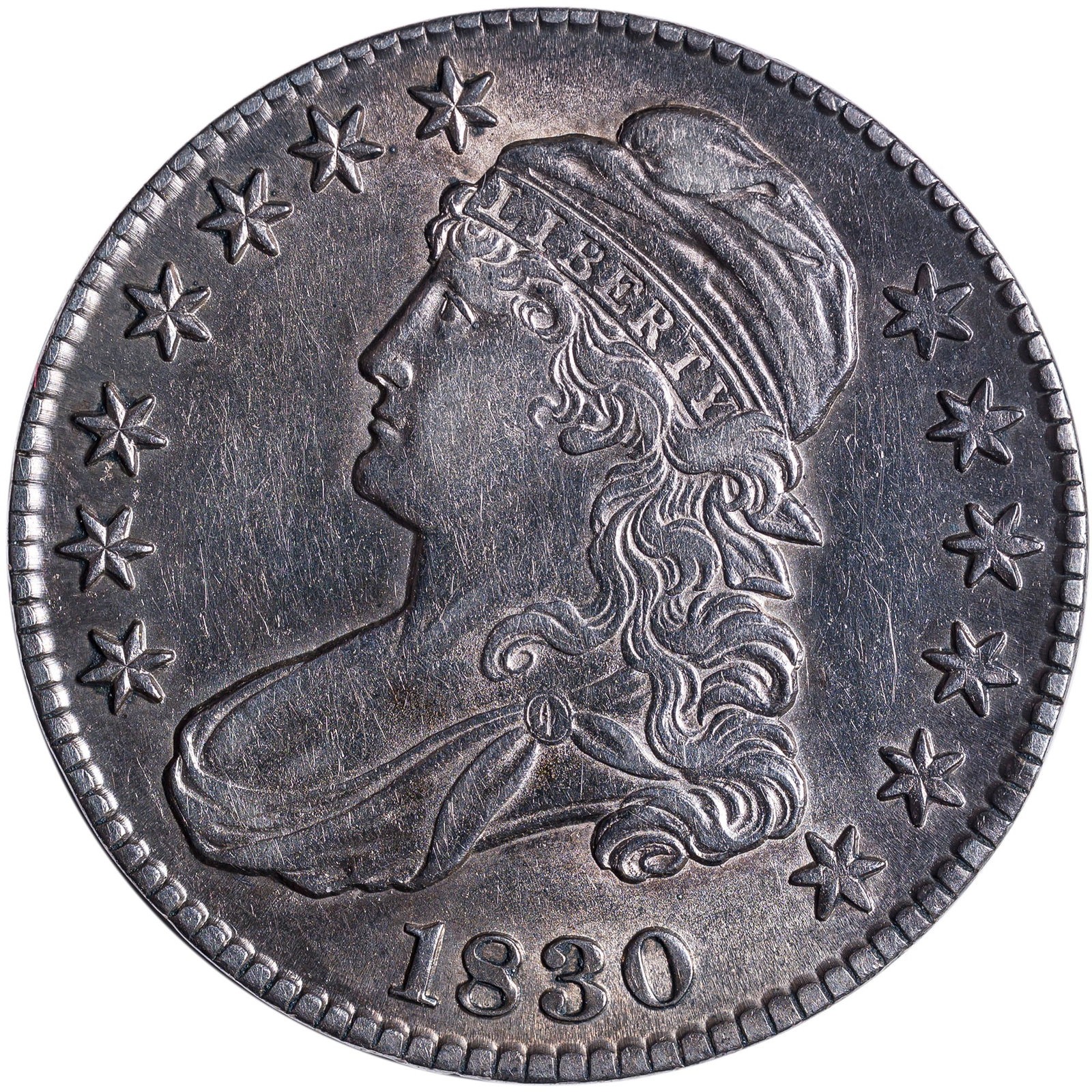AU-50+ 1830 Half Dollar.: O-102. Small 0. Rarity-3. Frosty and lustrous silver-gray with bold orange-gold iridescence at the obverse rim. Choice!