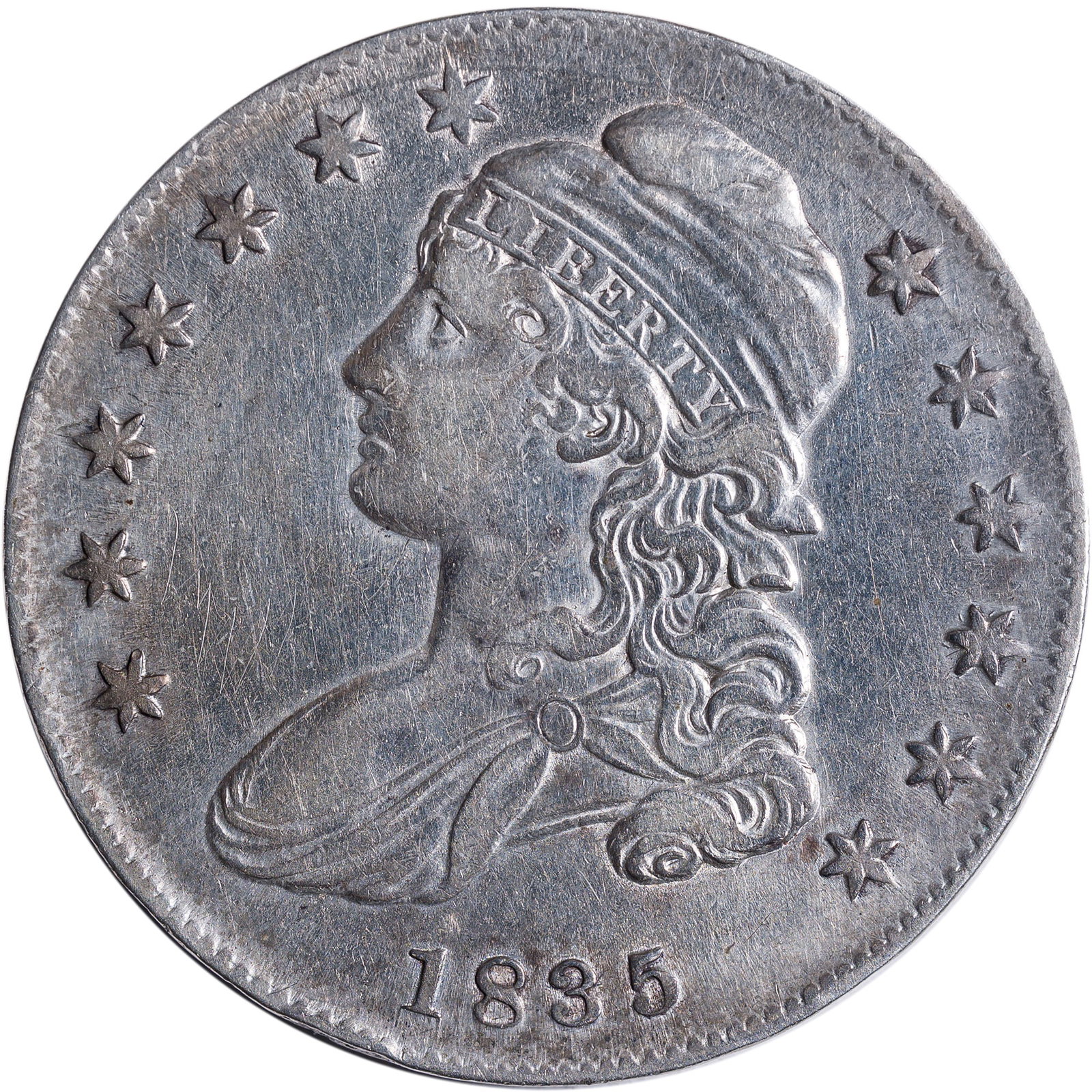 AU Details 1835 Half Dollar: Lightly cleaned but now recovering nicely in shades of gold. Tiny obverse rim bruise at 5:30.