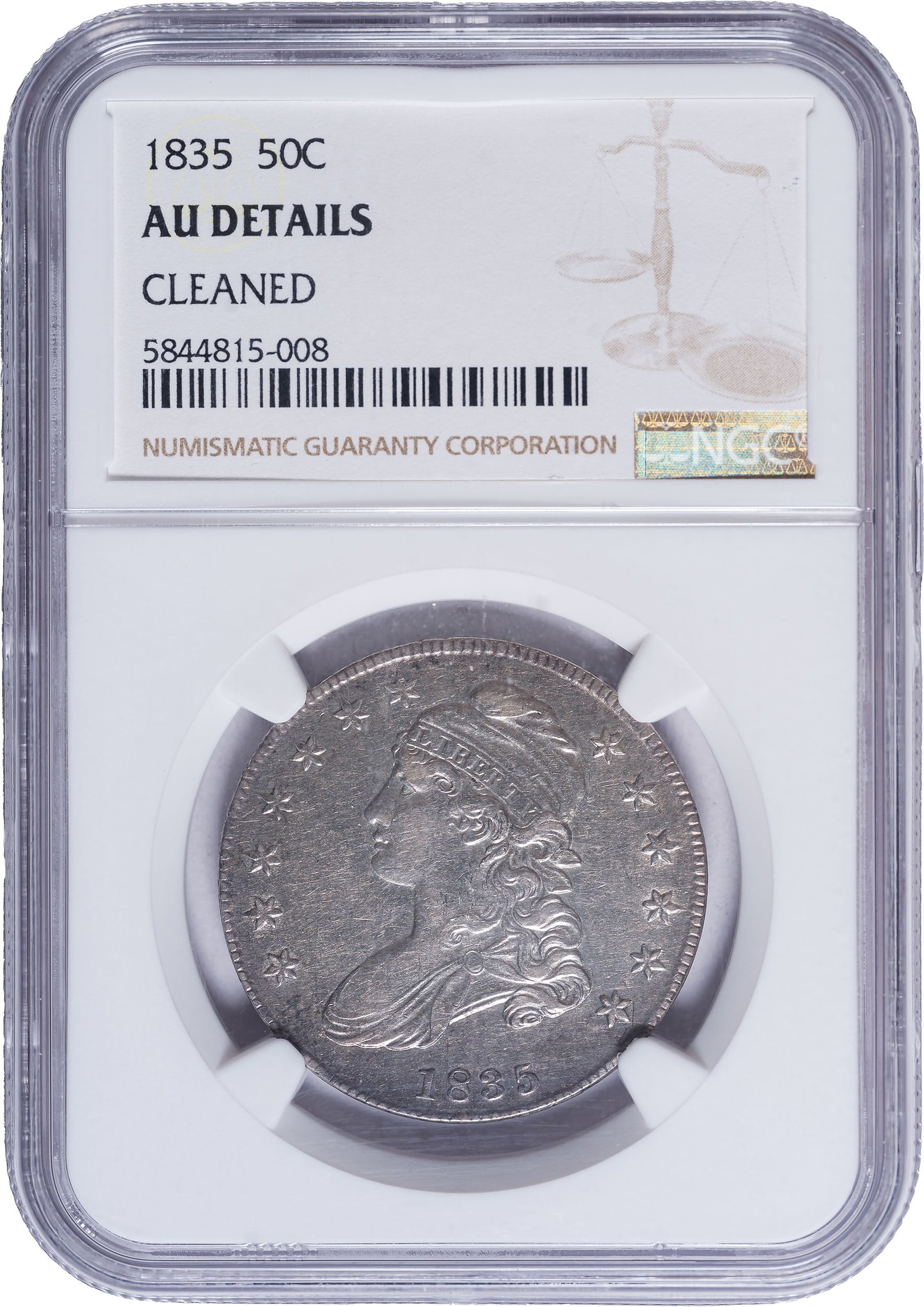 NGC AU Details 1835 Half Dollar: Cleaned. O-103. Some old brush marks attest to a light cleaning, though the surfaces are recovering admirably.