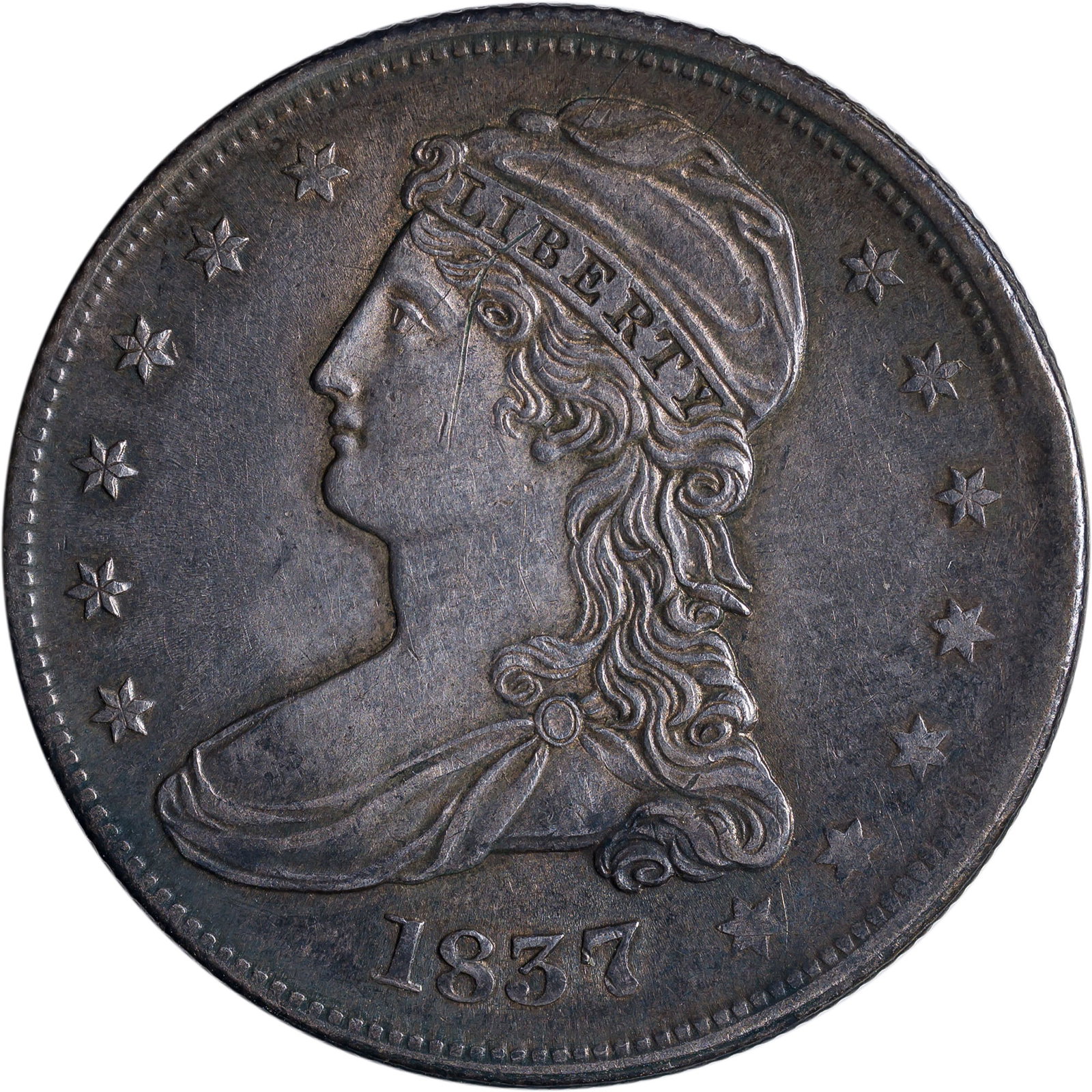 AU-58 1837 Reeded Edge Half Dollar: 50 CENTS reverse. Smoky gray with underlying golden luster, light obverse scratch noted.