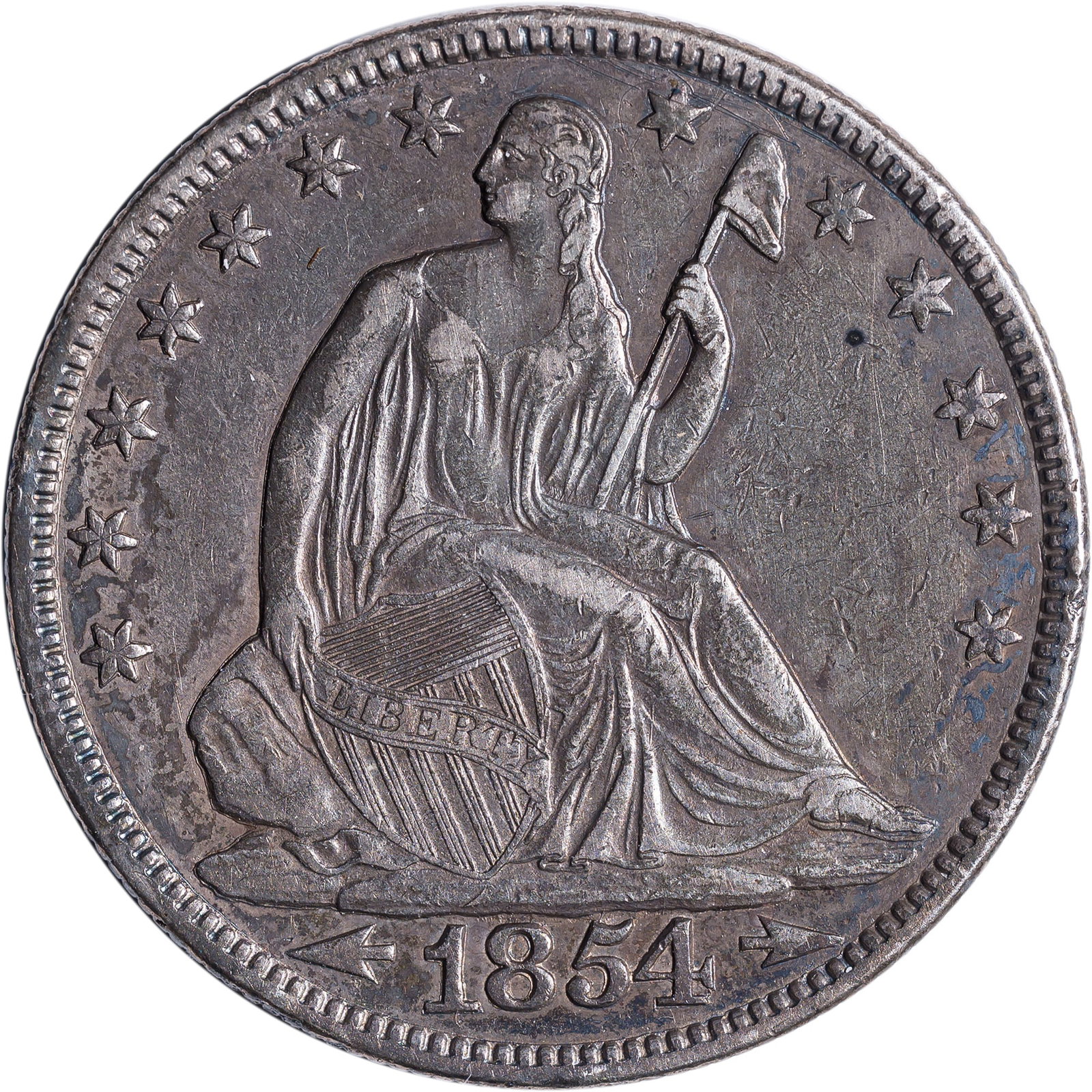 EF-40+ 1854 Arrows Half Dollar: Even steel-gray smoothness throughout. Pleasing overall with essentially mark-free surfaces to the unaided eye.