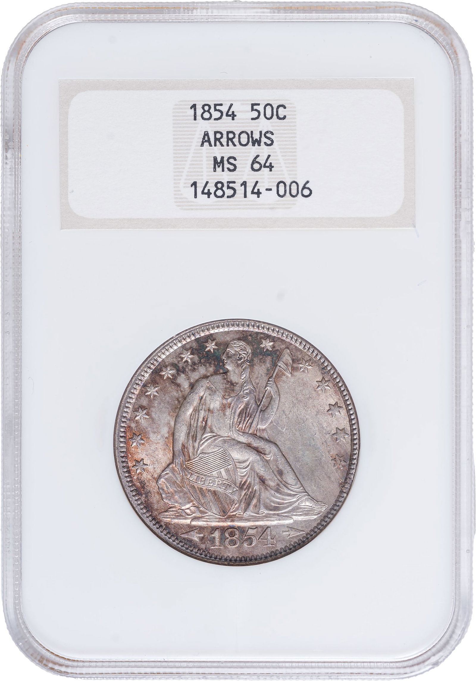 NGC MS-64 1854 Arrows Half Dollar: Housed in an early NGC "Fatty" holder this premium quality piece shows flashy luster and an original golden tone with some patches of iridescence.