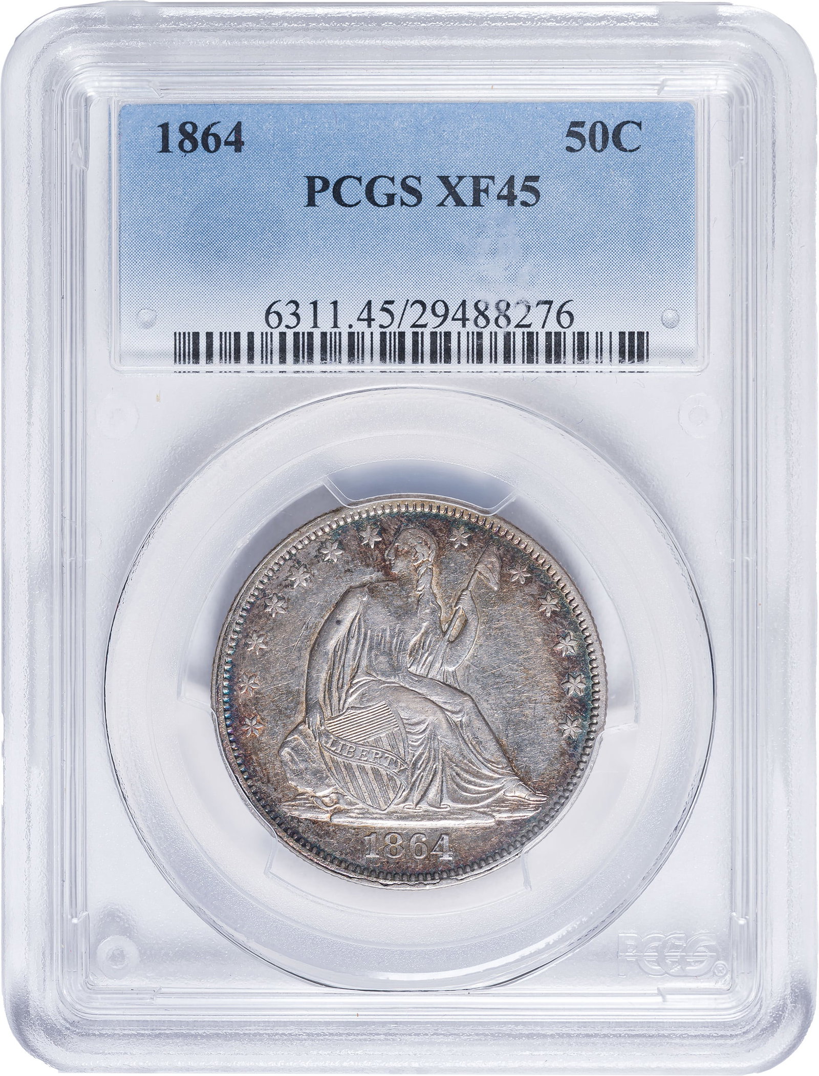 PCGS EF-45 1864 Half Dollar: Silvery centers yield to peripheral blue and gold highlights. Scarce at EF or finer.