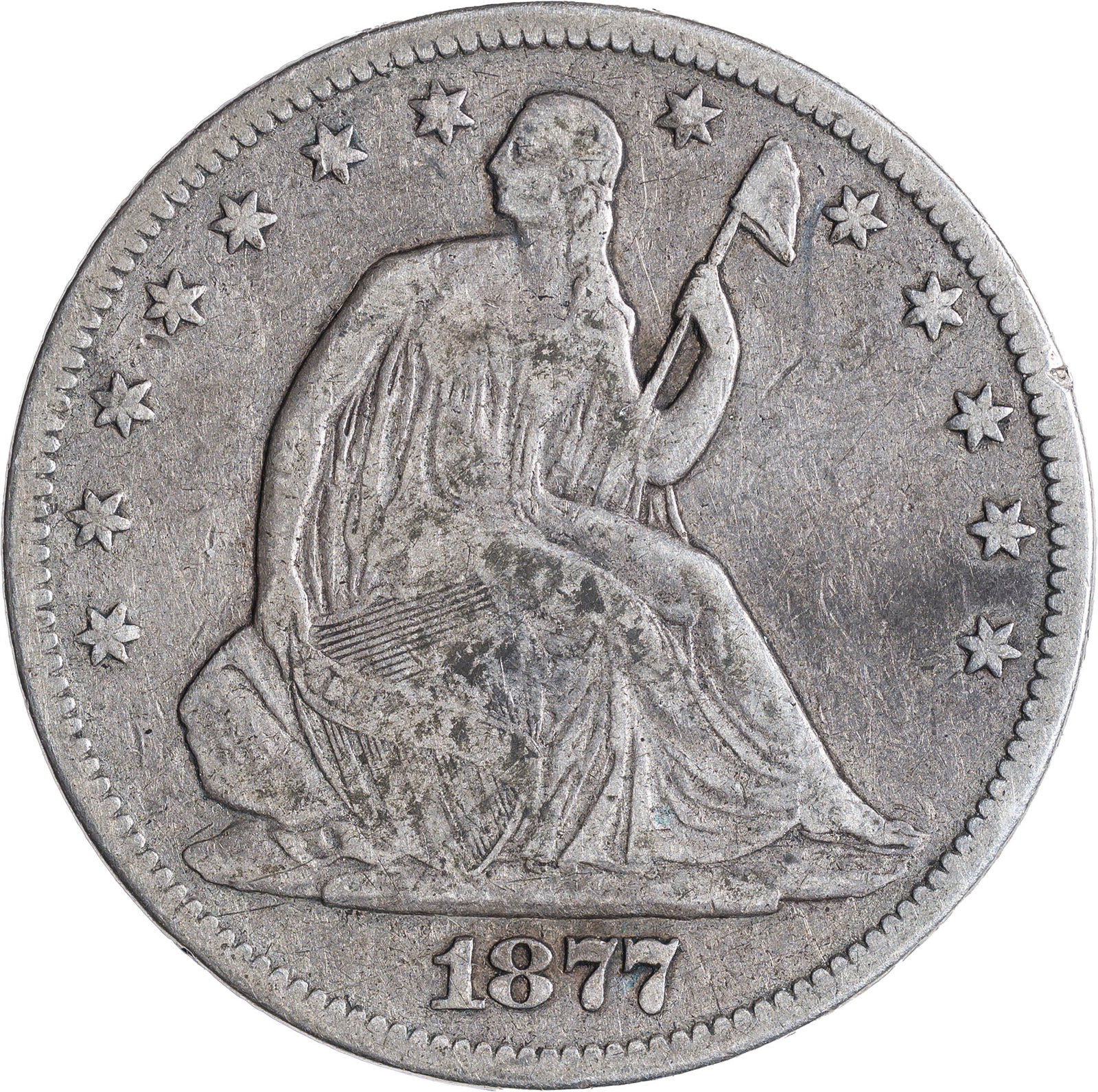 F-12 1877-CC Seated Half Dollar: Original and nice.