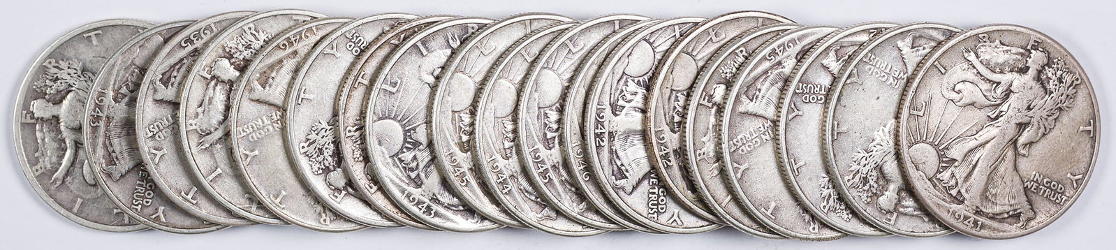 Mixed Date Roll Of Walking Liberty Half Dollars: Average circulated condition.