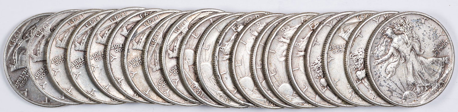 Mixed Date Roll Of Walking Liberty Half Dollars: Average circulated condition.