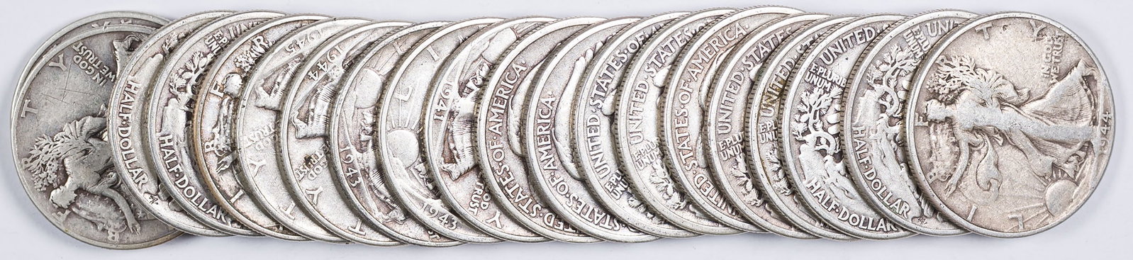 Mixed Date Roll Of Walking Liberty Half Dollars: Average circulated condition.