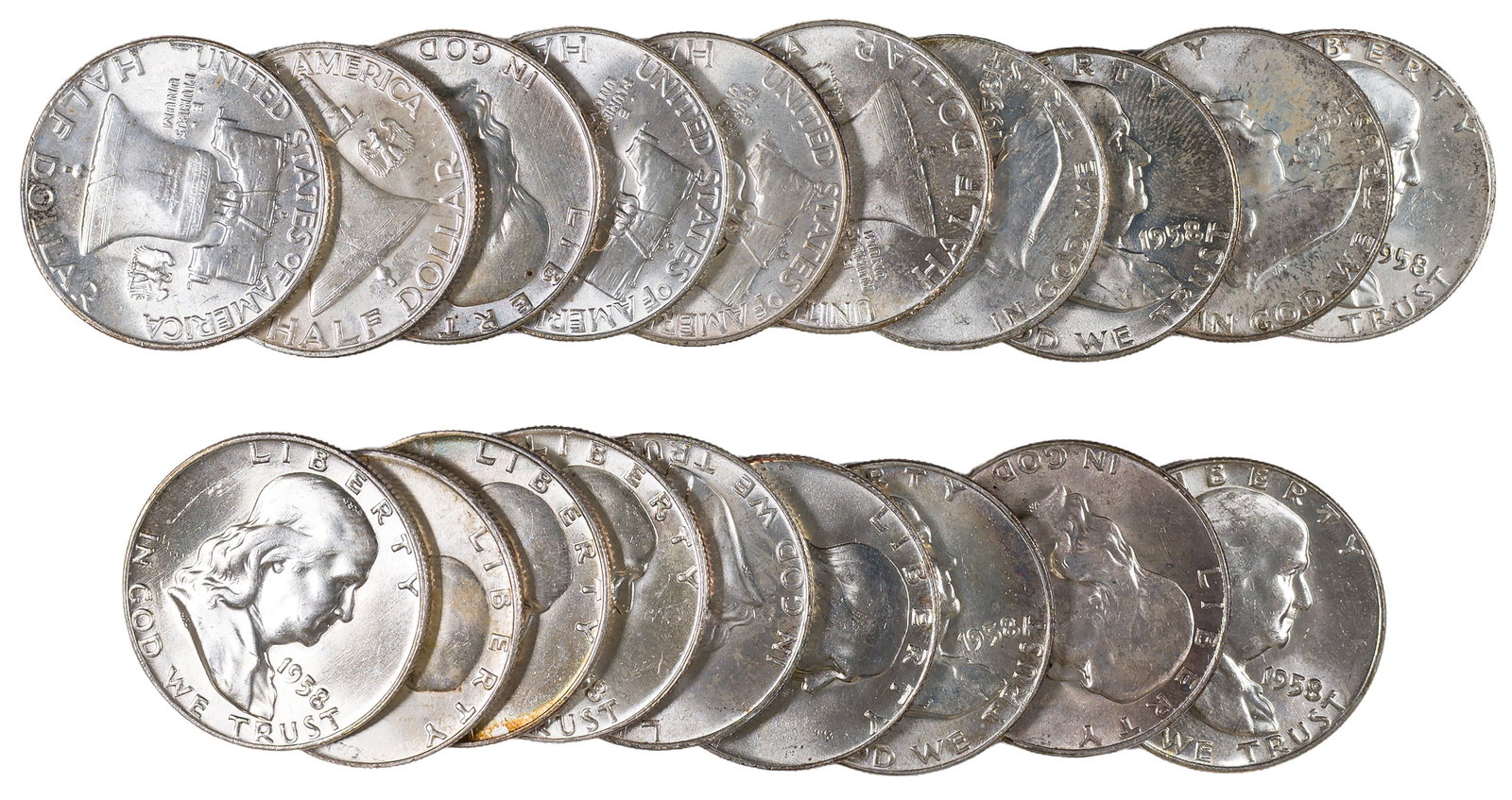 Near-Roll Unc 1958-D Half Dollars: All lustrous. (Total: 19 pieces)