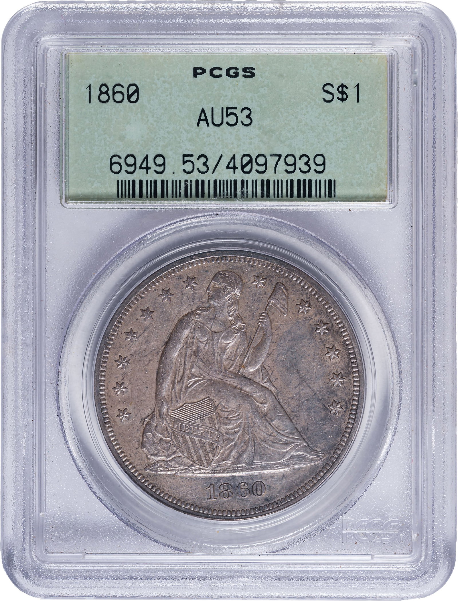 PCGS AU-53 1860 Seated Dollar: A satiny golden-gray specimen with mark-free surfaces and a thoroughly enjoyable overall appearance. Top-quality circulated Seated dollars are rapidly disappearing from dealers' cases across America;