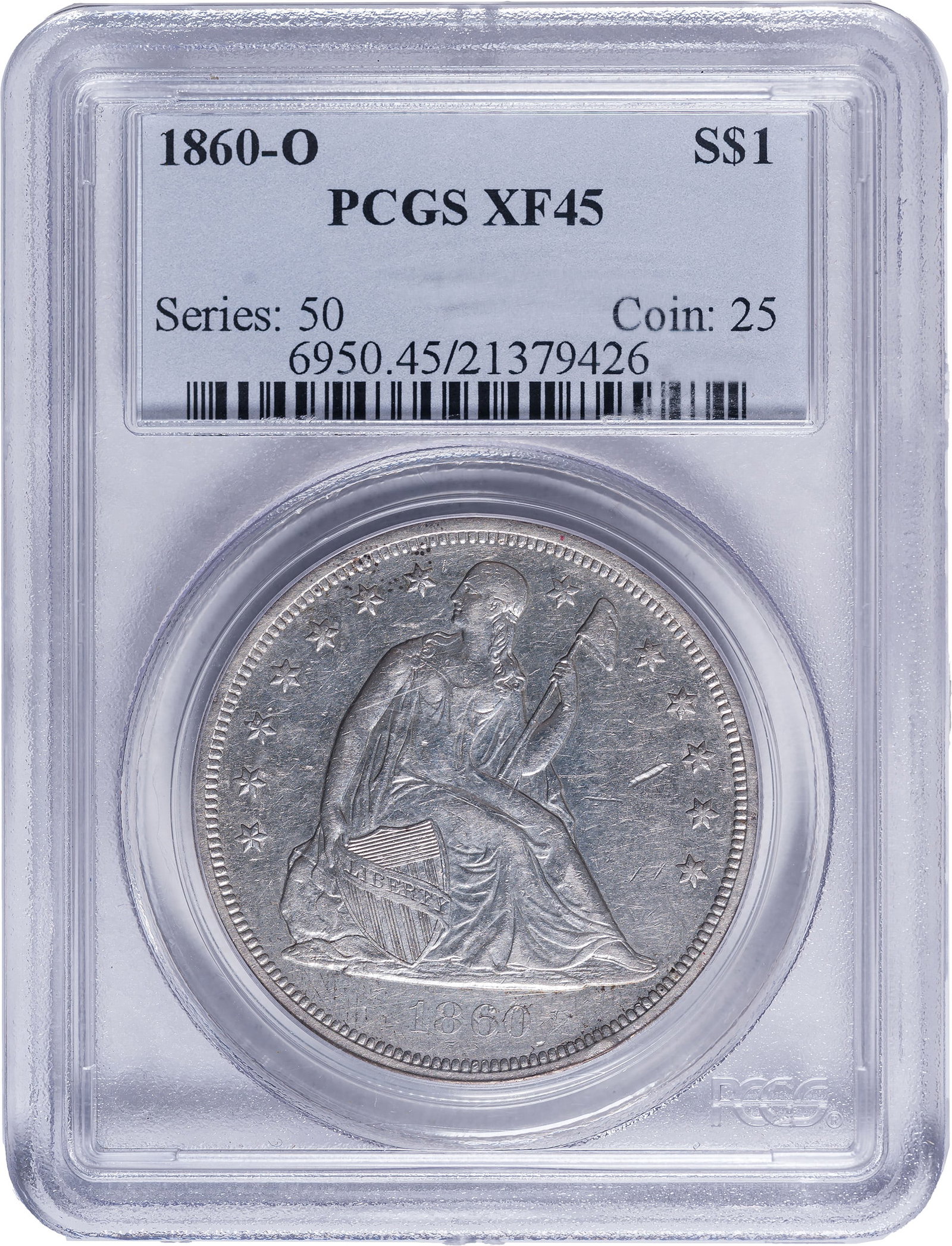 PCGS EF-45 1860-O Seated Dollar: Definitely AU for luster and sharpness, but a few stray marks were taken into account at PCGS. Probably not from the Treasury releases of the early 1960s -- those tend to be heavily bag marked MS-60