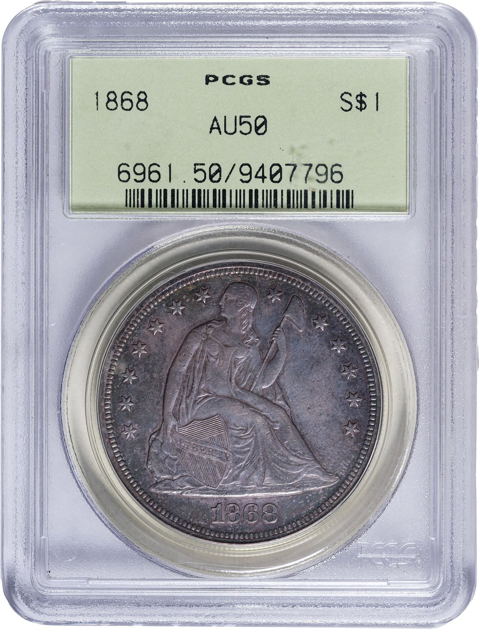 PCGS AU-50 1868 Seated Dollar: Strictly original steel-gray surfaces offer some deeper slate highlights and plenty of protected luster. In an old-style green label PCGS holder with plastic frame.