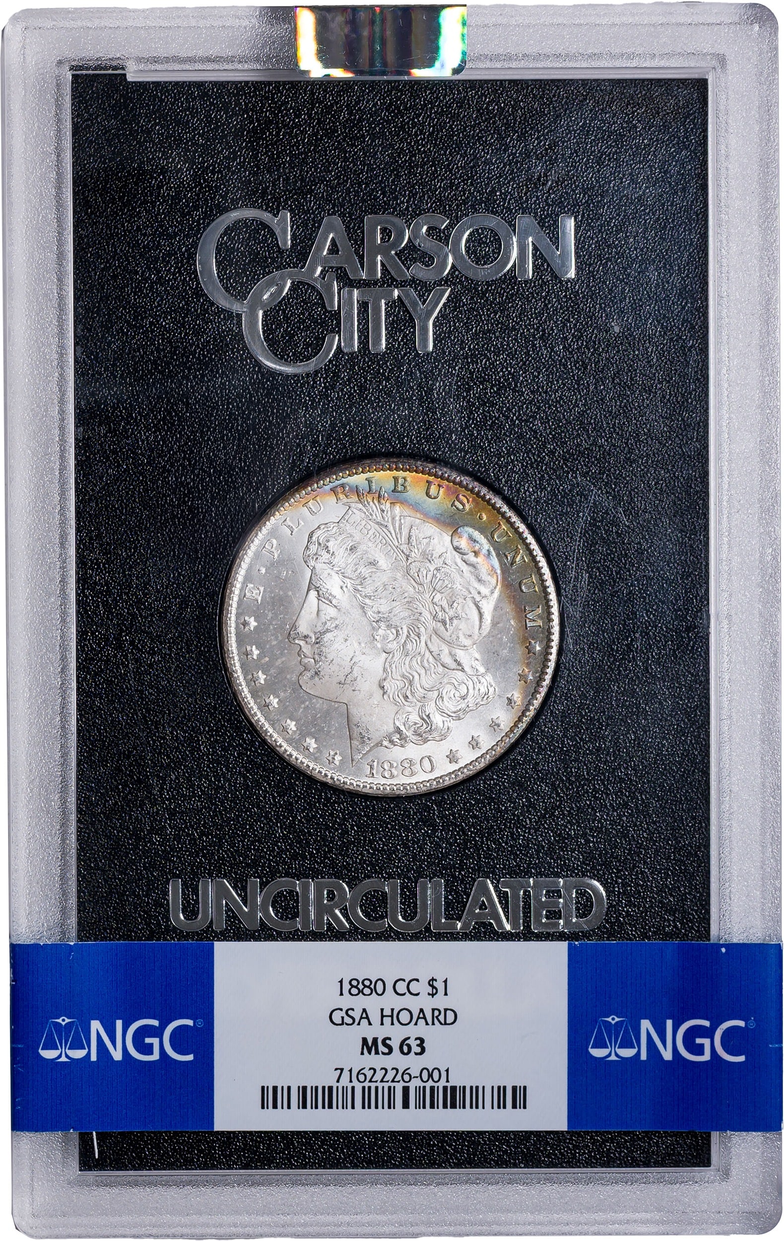 NGC MS-63 GSA 1880-CC Morgan Dollar: VAM-6. Second 8 in date over Low 7. Scarce! Brilliant and lustrous with a crescent of rainbow iridescence at the obverse rim. In GSA holder with NGC wrap-around label.