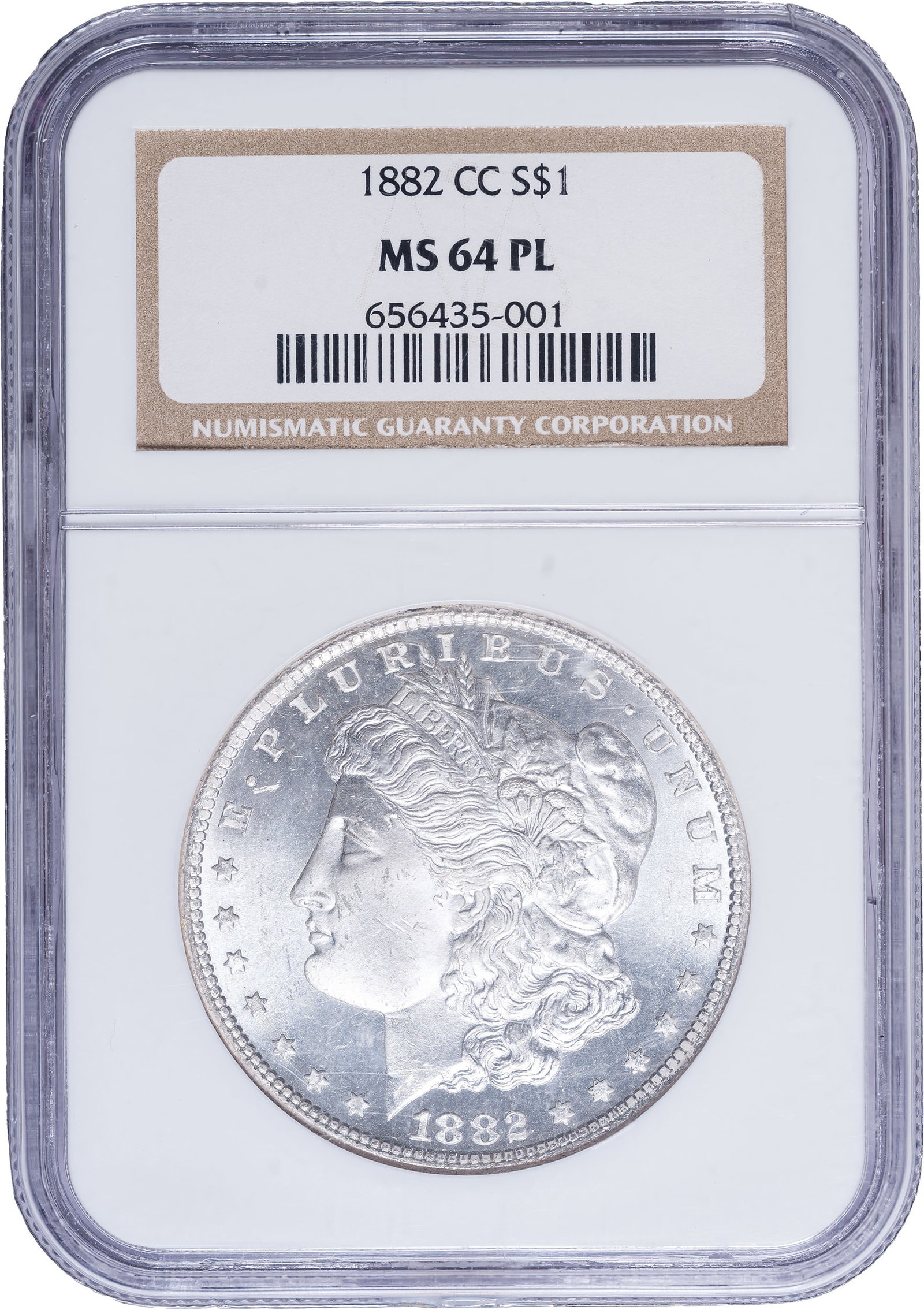 NGC MS-64 PL 1882-CC Morgan Dollar: Brilliant white with some nice cameo contrast.
