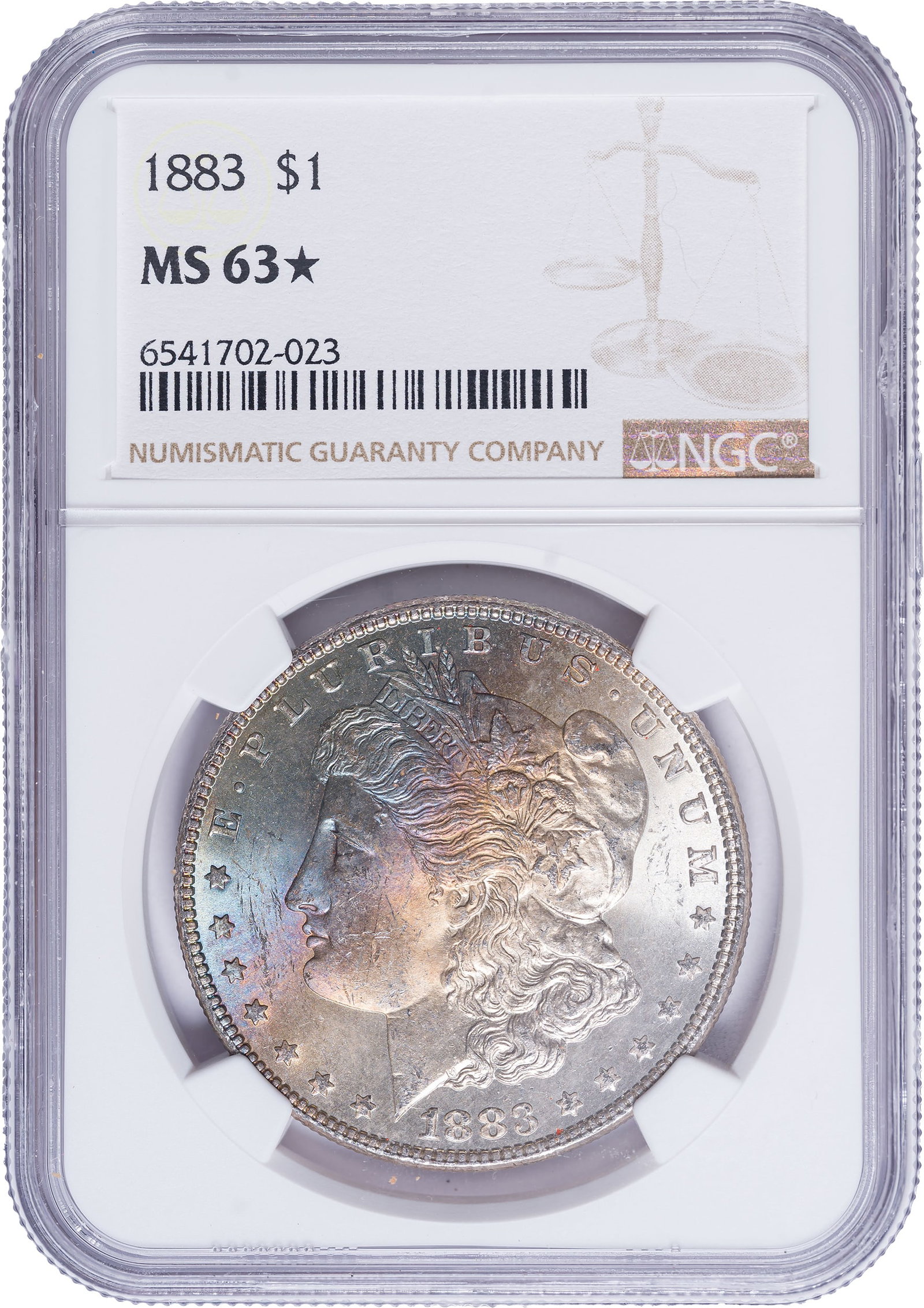 NGC MS-63* 1883 Morgan Dollar: This piece shows some blue and gold pastel toning on the obverse, which NGC recognizes by adding the star designation.