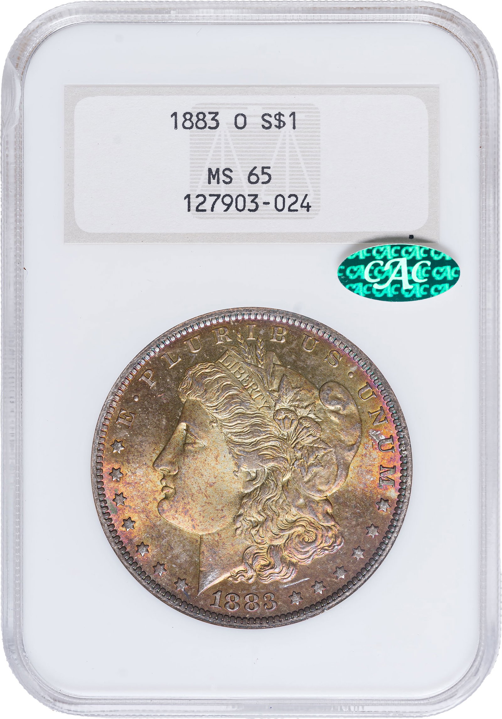 NGC MS-65 CAC 1883-O Morgan Dollar: The entire obverse of this lovely gem is encompassed by a golden tone with olive and mauve hues.