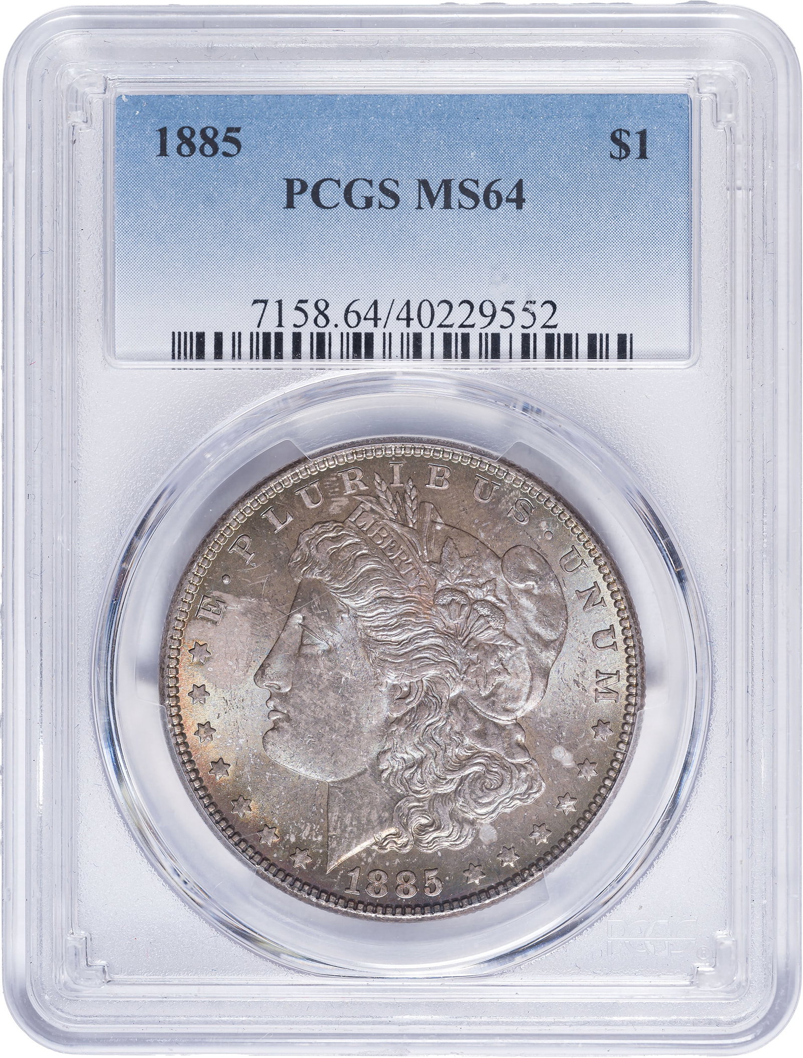PCGS MS-64 1885 Morgan Dollar: Shows pastel colors on both sides.