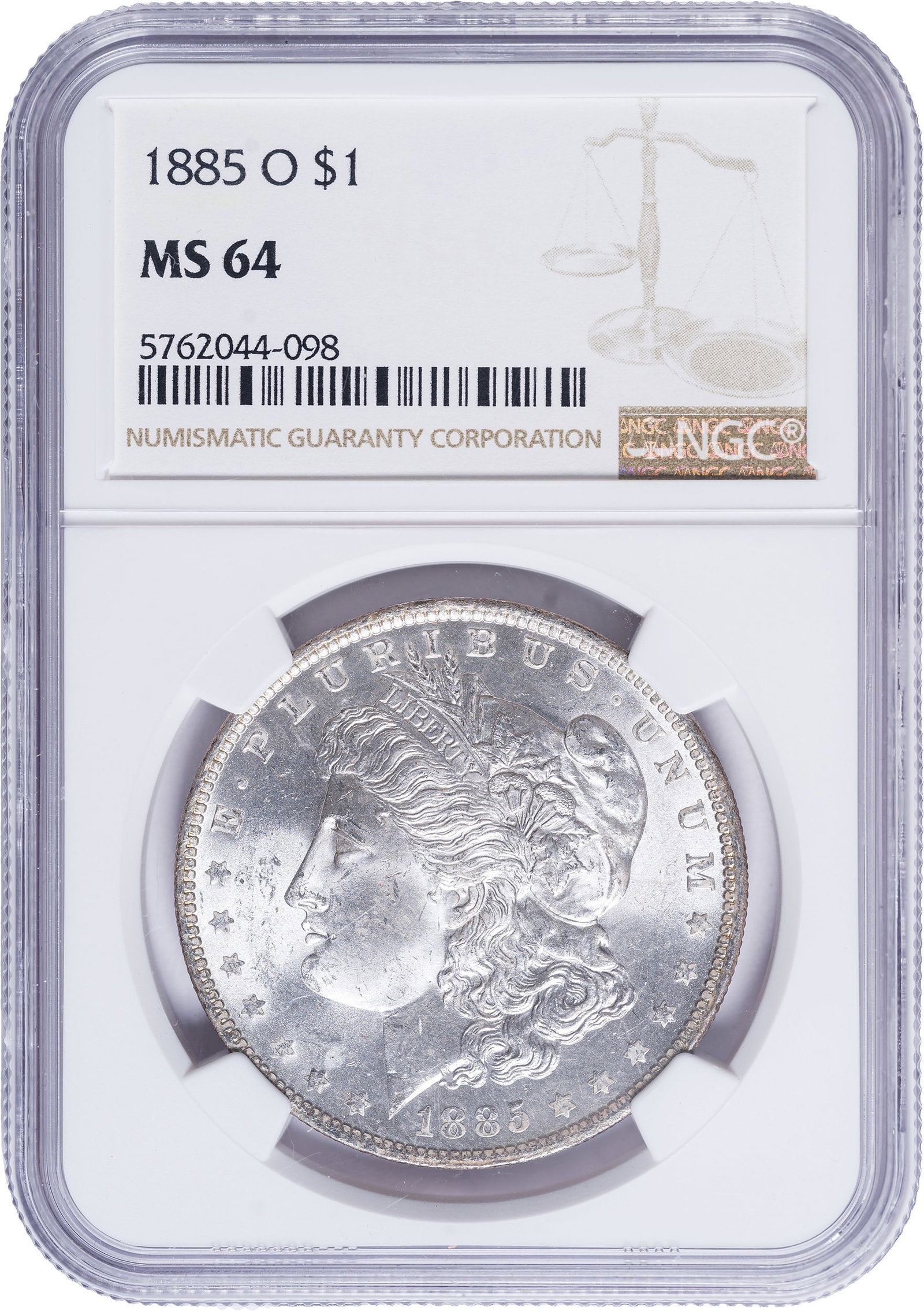 NGC MS-64 1885-O Morgan Dollar: A satiny coin with bold luster, a crisp strike, and a nearly PL reverse.