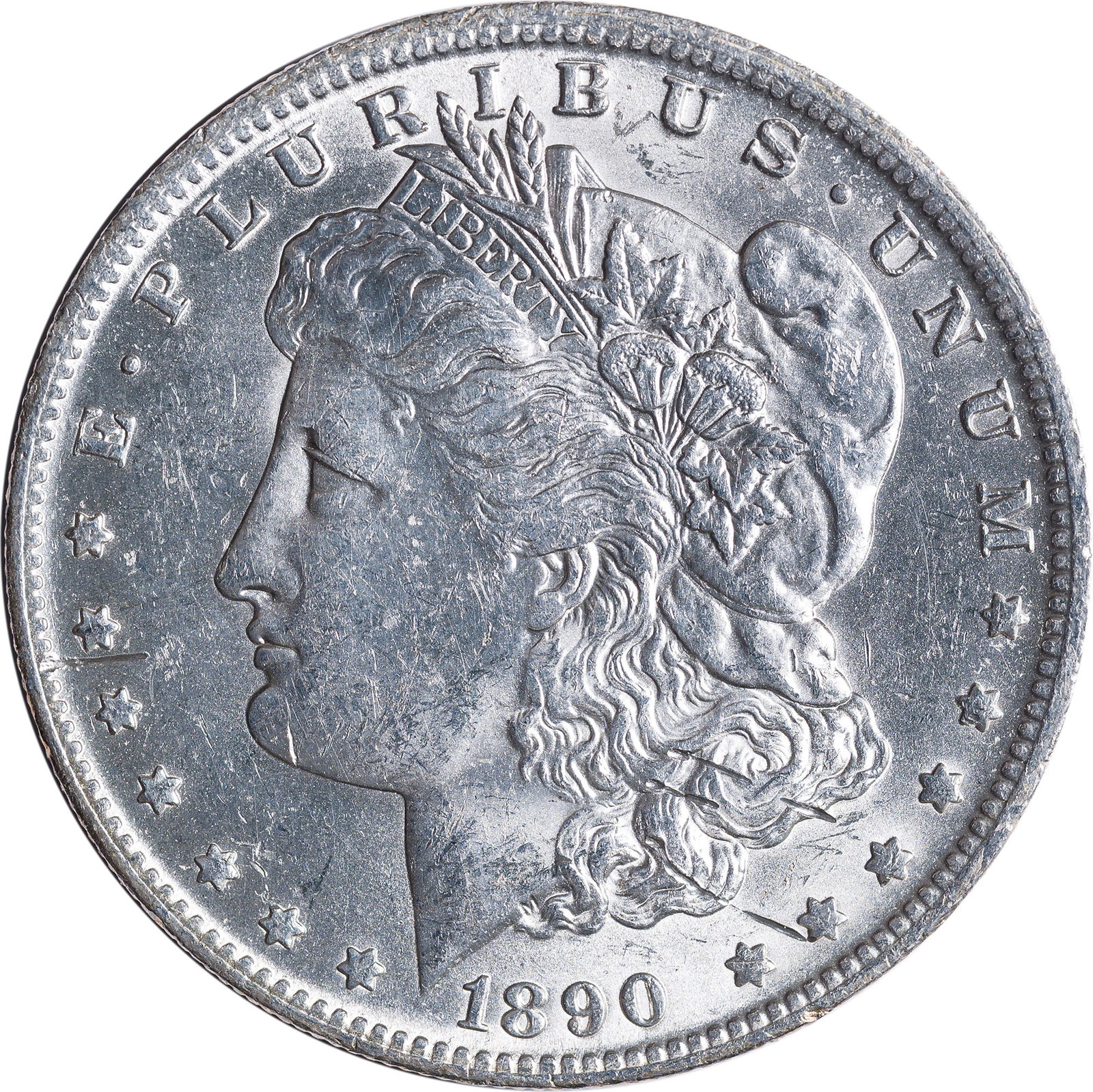 MS-60 1890-O Morgan Dollar: Boldly bright with intense luster and the first-glance appearance of a finer grade; the reverse is an easy MS-64.