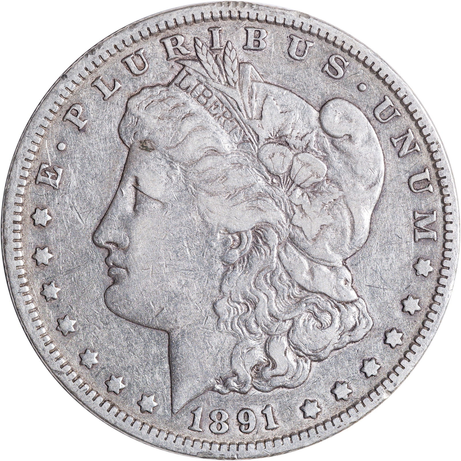 VF-20 1891-CC Morgan Dollar: Evenly circulated with mark-free silver-gray surfaces.