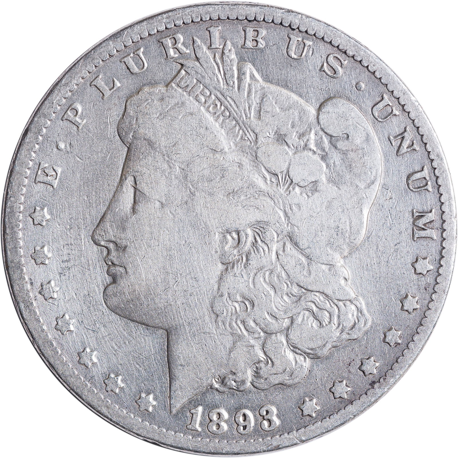 Fine-12 Details 1893 Morgan Dollar: Cleaned surfaces, tiny rim nicks present as well.