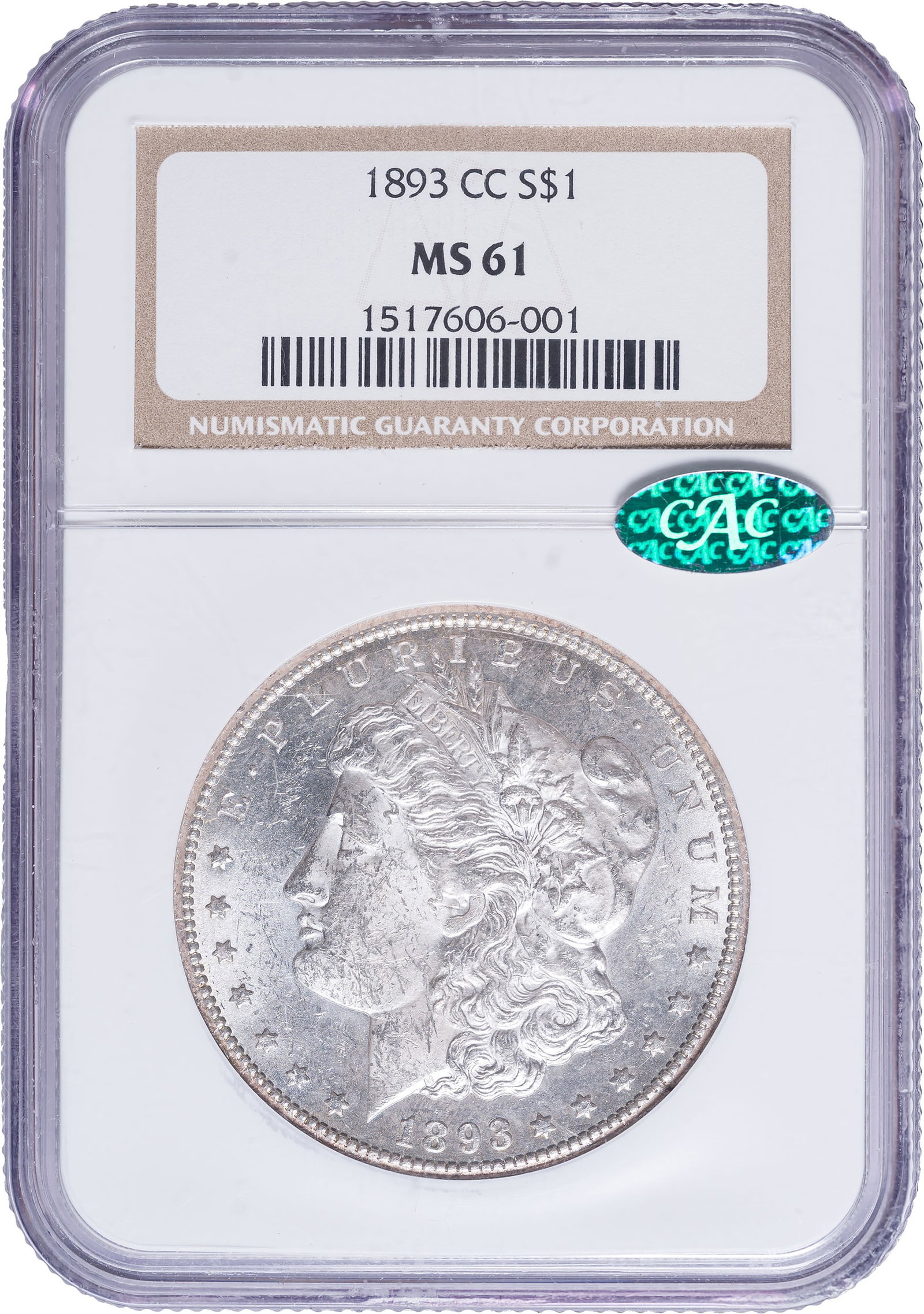 NGC MS-61 CAC 1893-CC Morgan Dollar: Brilliant white with frosty luster, CAC recognized the quality of this rarity by adding their desirable green bean sticker!