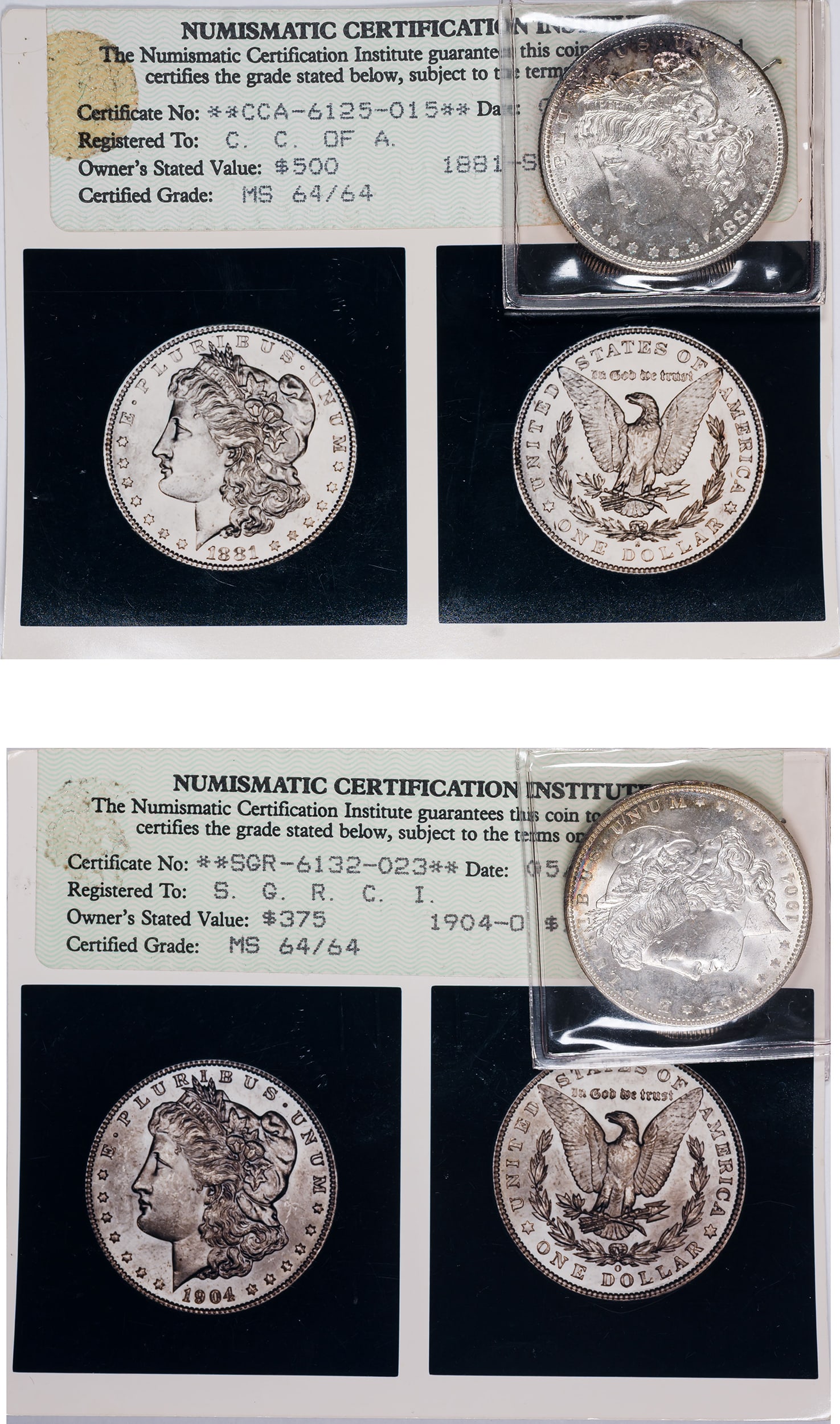 NCI-Certified Pair of Morgan Dollars (1 of 2)