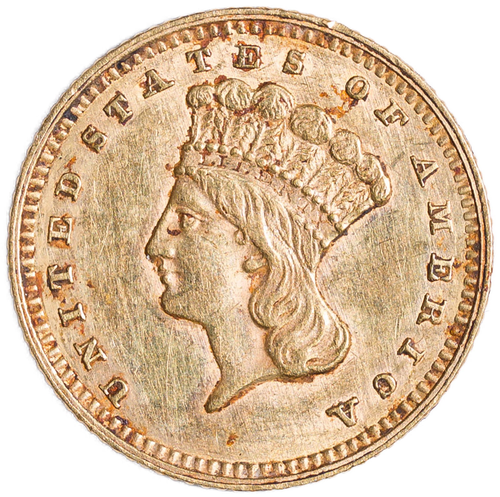AU-50 1862 $1 Gold: Lustrous and sharp, with the deep honey-gold surfaces afire with lively orange iridescence.