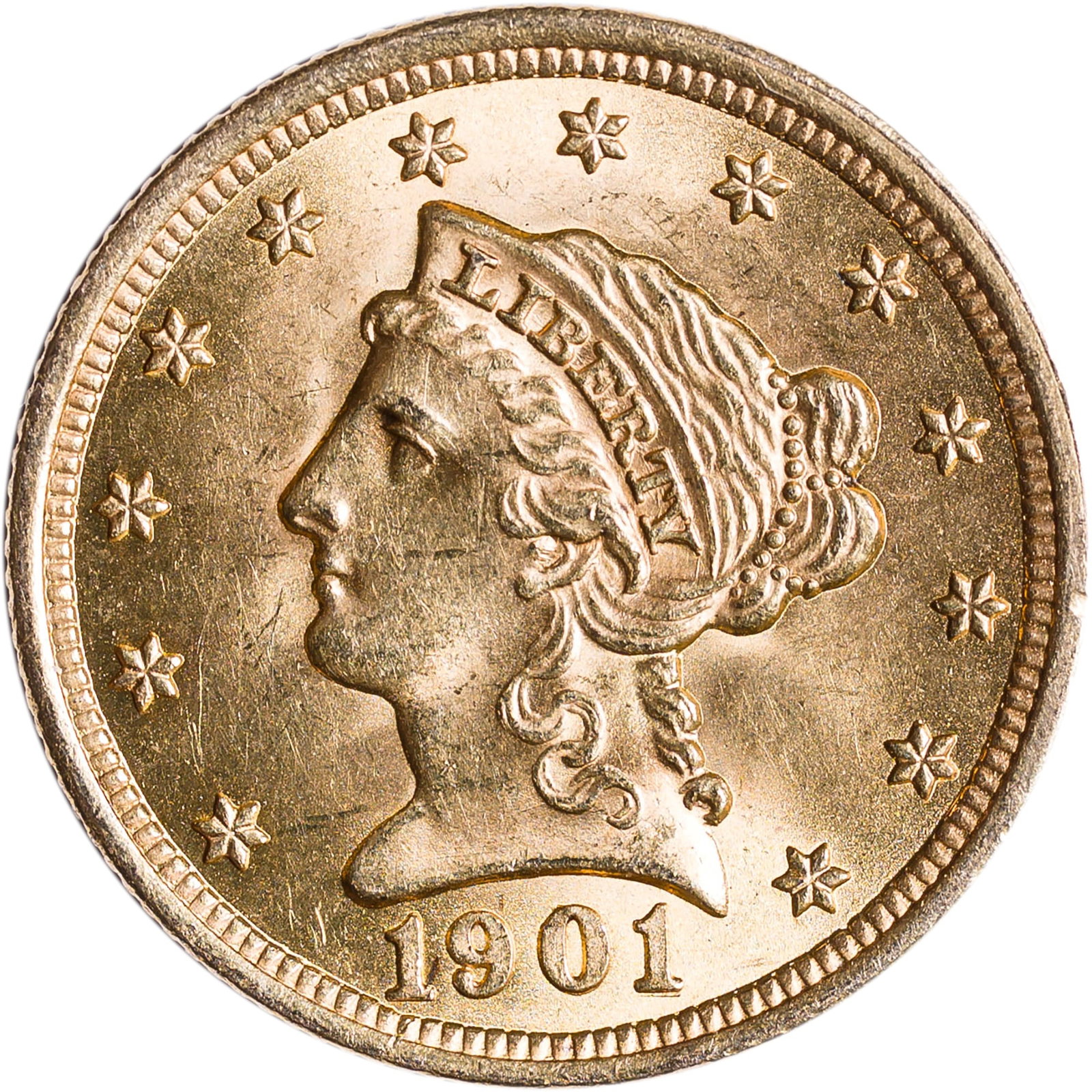 MS-63+ 1901 $2.50 Gold: Intensely lustrous and equally brilliant, and choice for the grade in all respects.