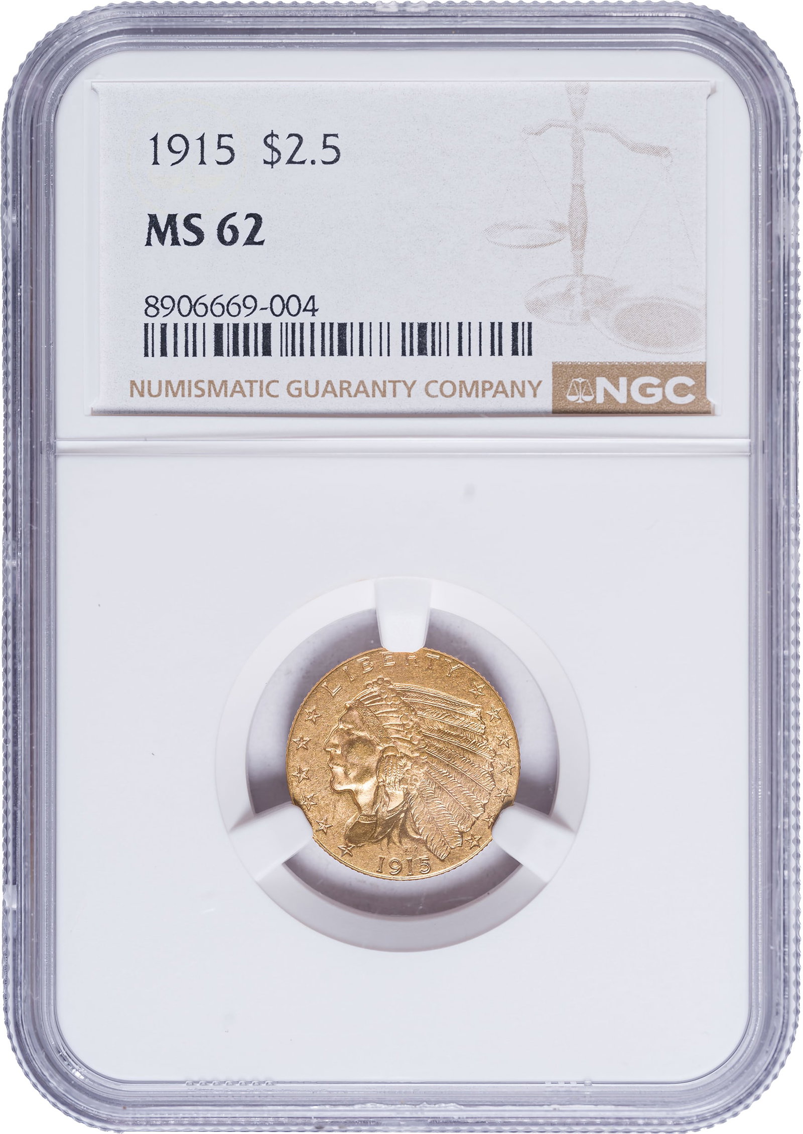 NGC MS-62 1915 $2.50 Gold: Lustrous and original.
