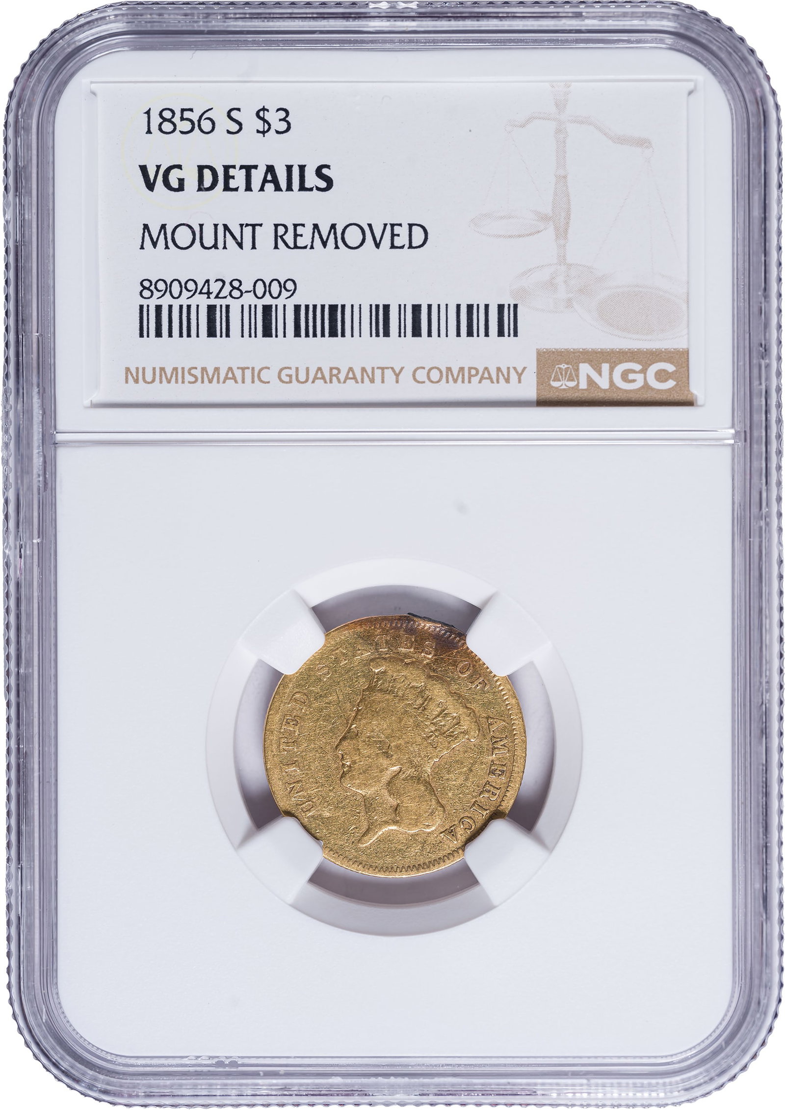 NGC VG Details 1856-S $3 Gold: A well-worn ex-jewelry piece, but remarkably only lightly marked. Mount removed at the noon obverse position.