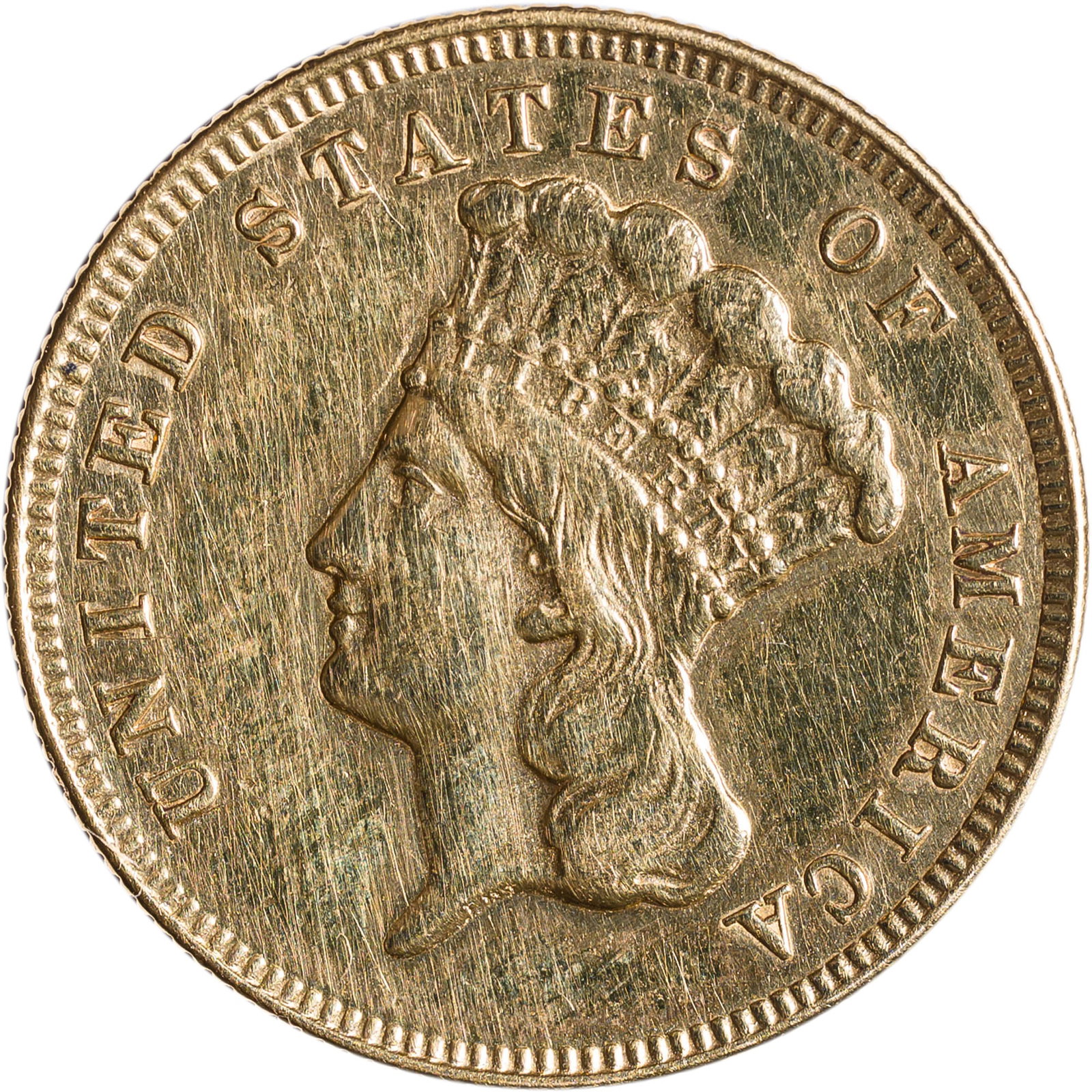 AU Details 1874 $3 Gold: Polished.