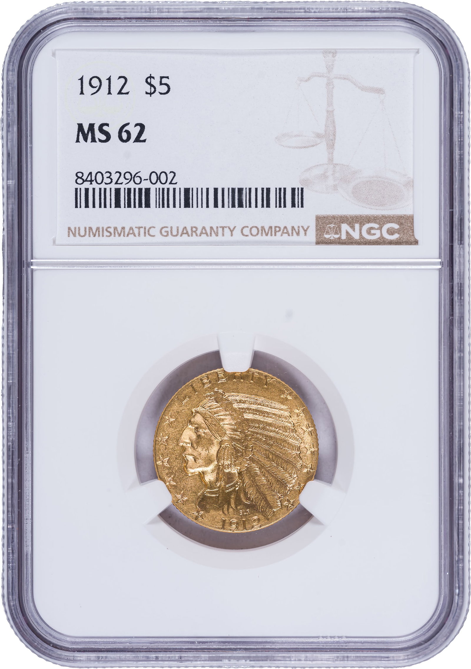 NGC MS-62 1912 $5 Gold: Frosty and bright honey-gold with lively unbroken luster on the high points.