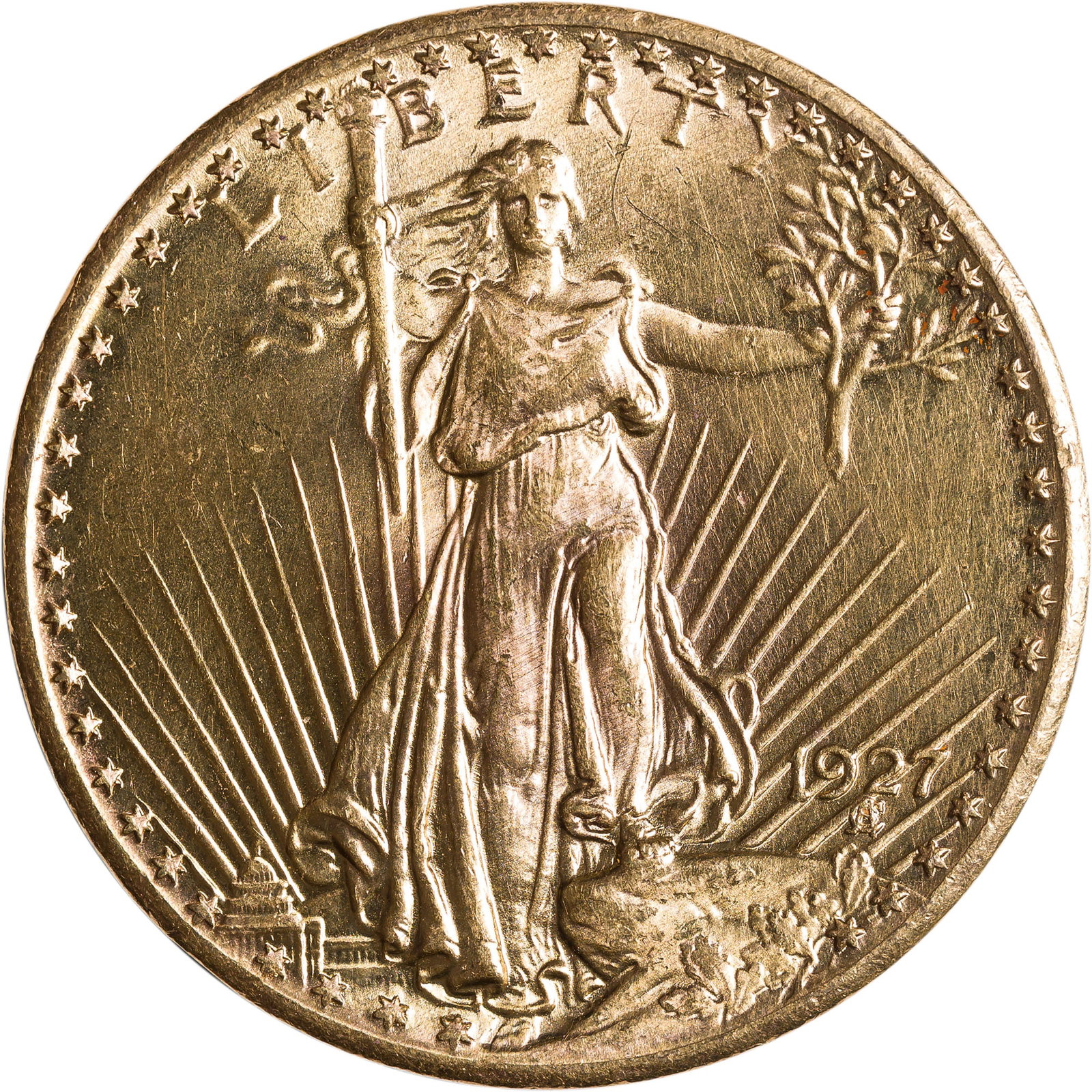Choice BU-63 1927 $20 Gold St. Gaudens: Shows flashy luster and is perhaps just a few light hairlines away from gem quality.