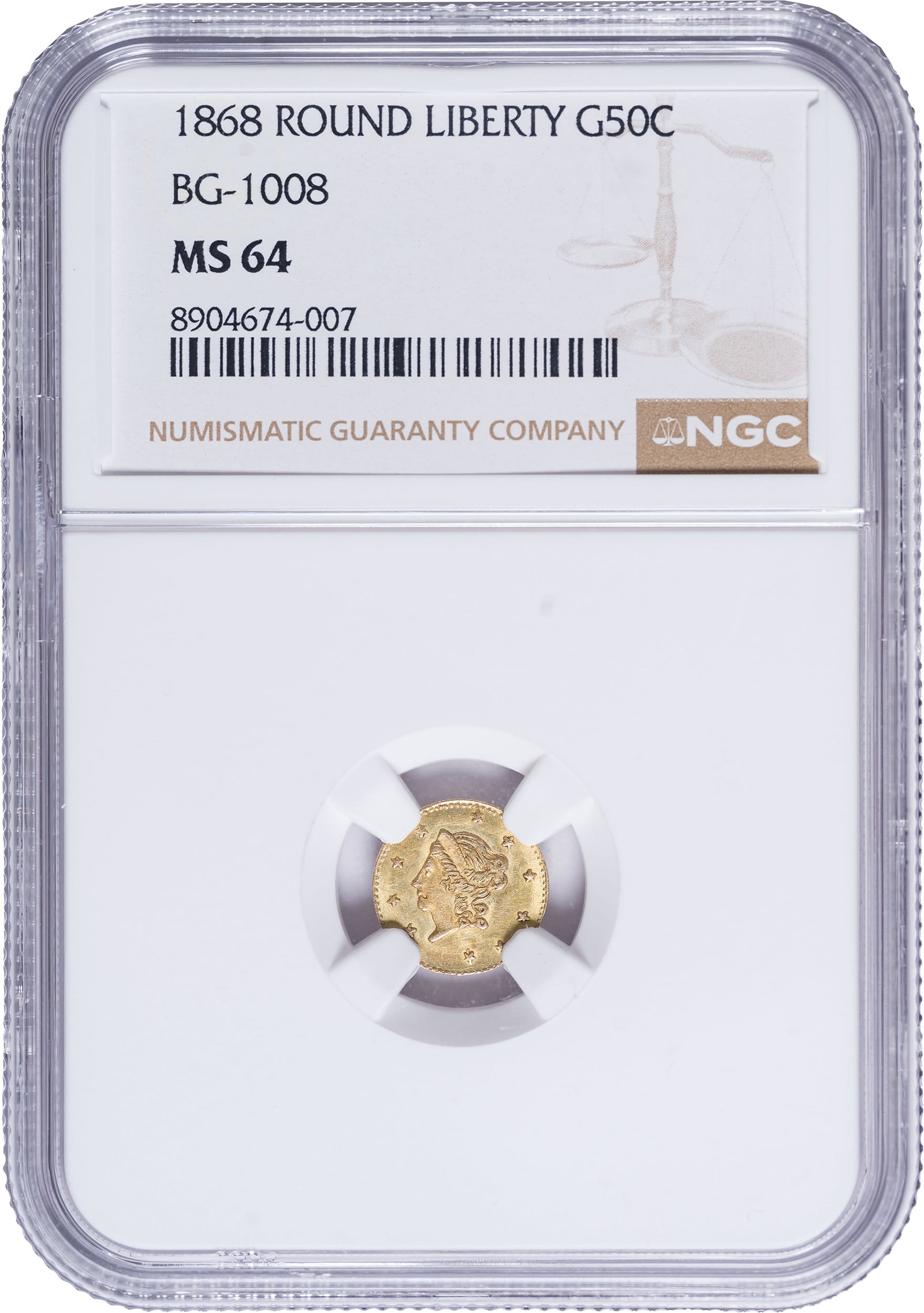 NGC MS-64 1868 Cal Gold Half Dollar: BG-1008. Liberty Head. Round. Rarity-5. A satiny and frosty olive-gold example of a popular and modestly scarce variety in the Cal Gold listings.