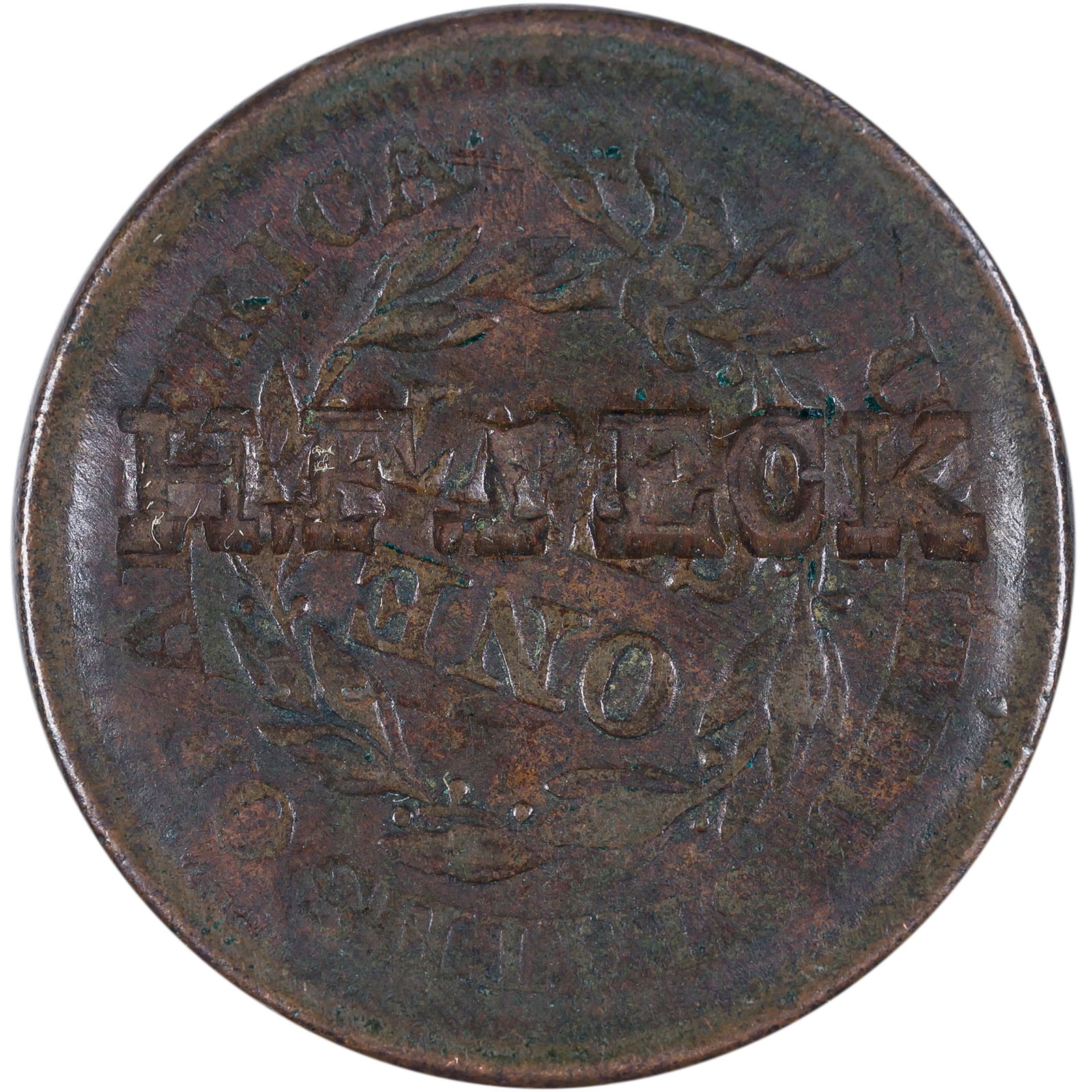 Counterstamped 1853 Large Cent: "H.F. PECK" on reverse of chocolate-brown host coin. Nice.