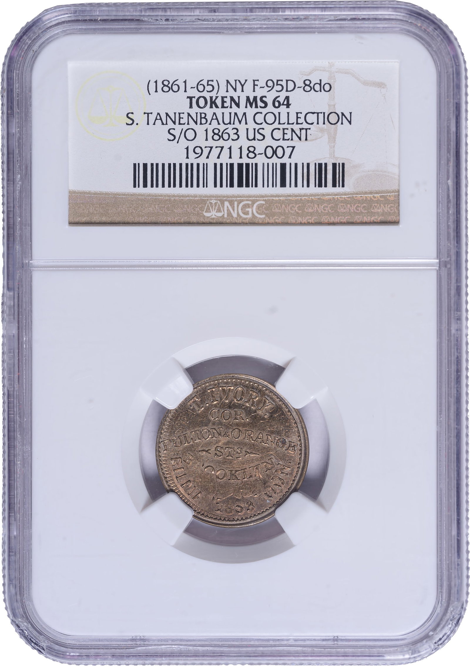 CWT. NGC MS-64 (1861-1865) Overstrike Rarity: Store Card. New York. T. Ivory, Brooklyn. F-95D-8do. Rarity-9. Struck on an 1863 Indian Cent with the host features and date plainly seen. Ex: Steve Tanenbaum Collection.