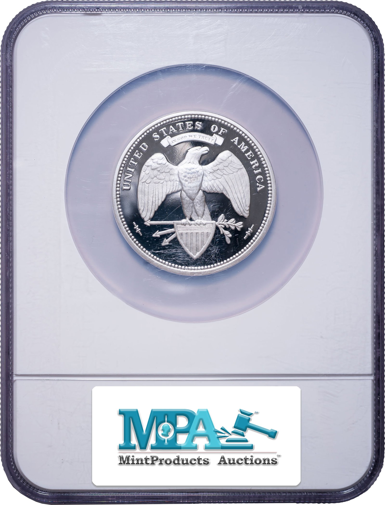 NGC Gem Proof UC 2010 $100 Silver Union: A modern strike of Morgan's proposed 1876 design. Contains 5 ounces of pure silver. The holder shows some chipping on the left side.