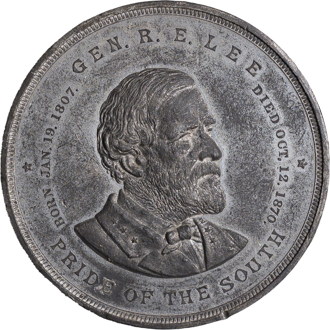Circa Late 1800's Robert E. Lee medal: MS-60 struck in white metal. A large medal that measures about 2 inches in diameter.