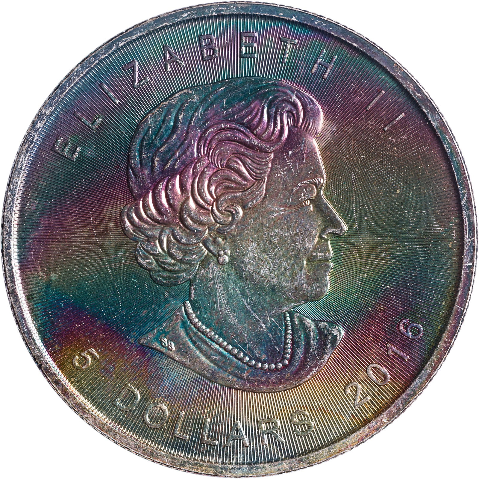Canada. Gem BU Toned 2016 $5 Silver Round: Vividly toned throughout with virtually every color of the rainbow represented in sharp and lively iridescent tones.